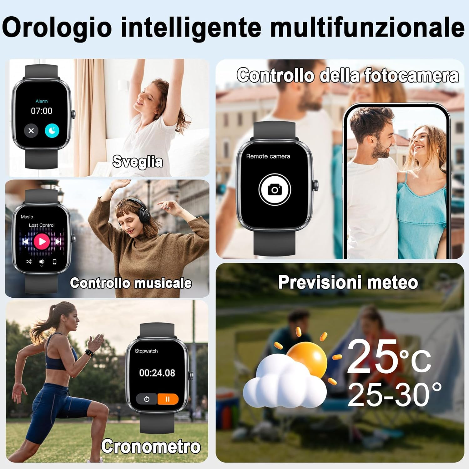 Smartwatch mit mehreren Funktionen. Es zeigt Alarm, Musiksteuerung, Fernbedienungskamera, Stoppuhr und Wettervorhersage. Menschen werden auch gezeigt.