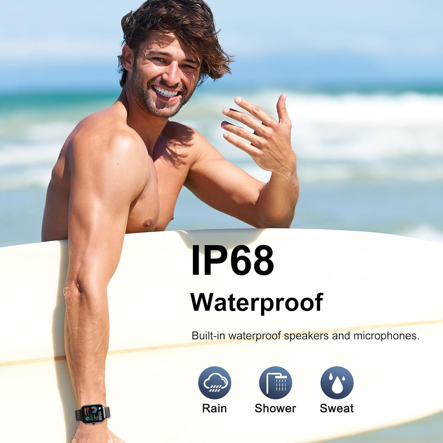 Ein lächelnder Mann hält ein Surfbrett. Er trägt eine Smartwatch. Auf dem Brett steht IP68 Waterproof und zeigt Regen-, Dusch- und Schweißsymbole.