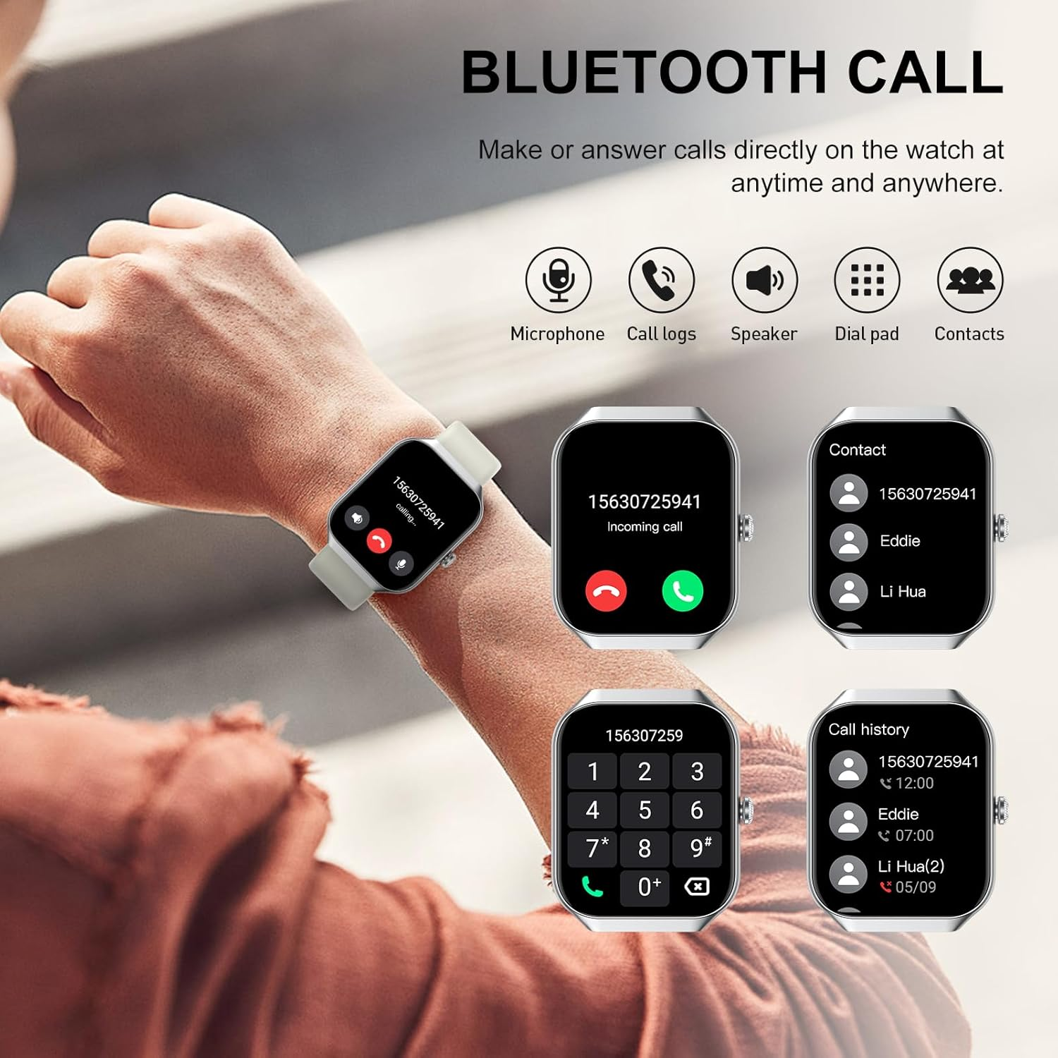 Eine Person trägt eine Smartwatch mit Anruffunktionen. Die Uhr zeigt eingehende Anrufe, Wähltasten, Kontakte und Anruflisten.
