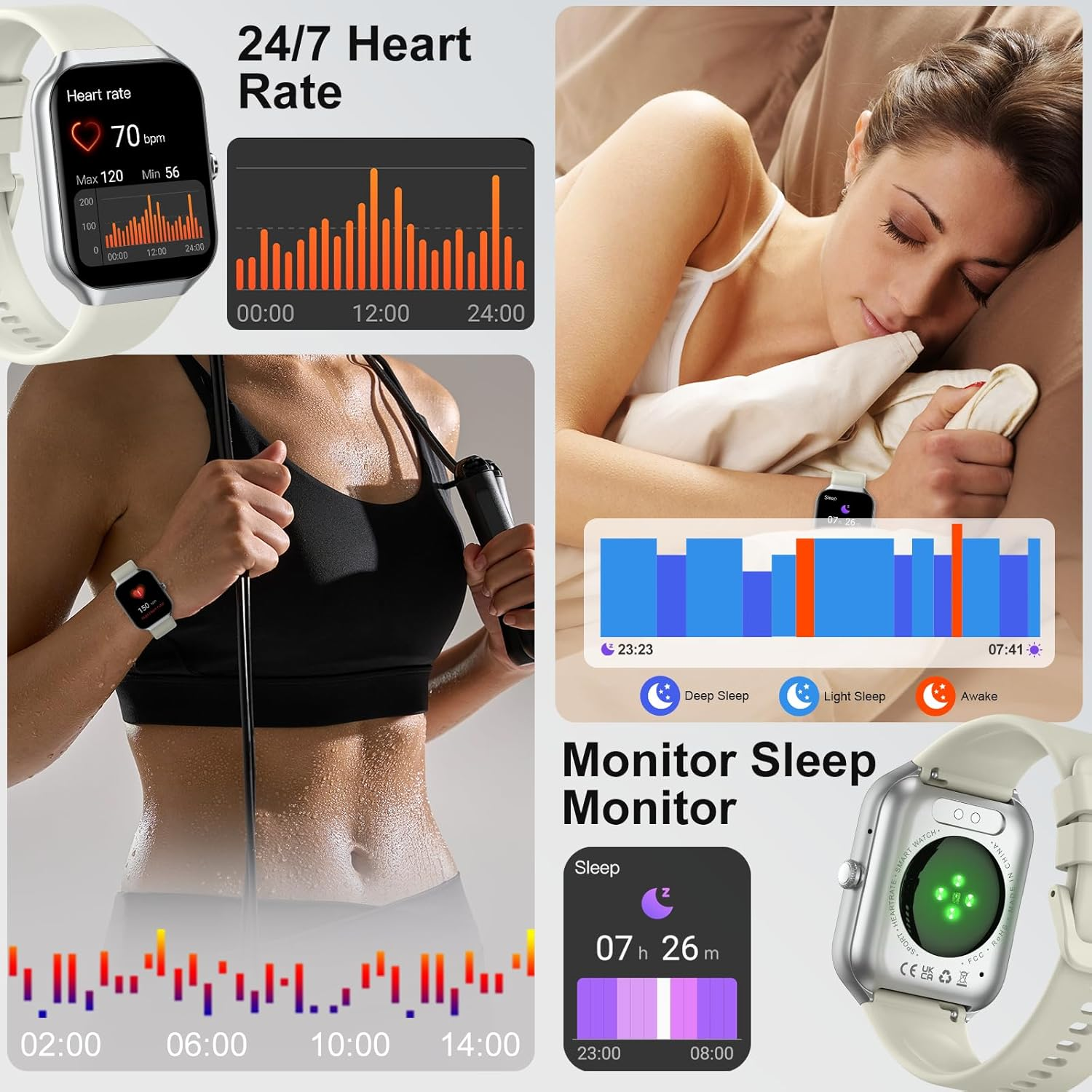 Das Bild zeigt eine Smartwatch mit Herzfrequenz, Schlafüberwachung und Trainingsdaten. Frau trainiert, schläft und Diagramme zeigen Daten.
