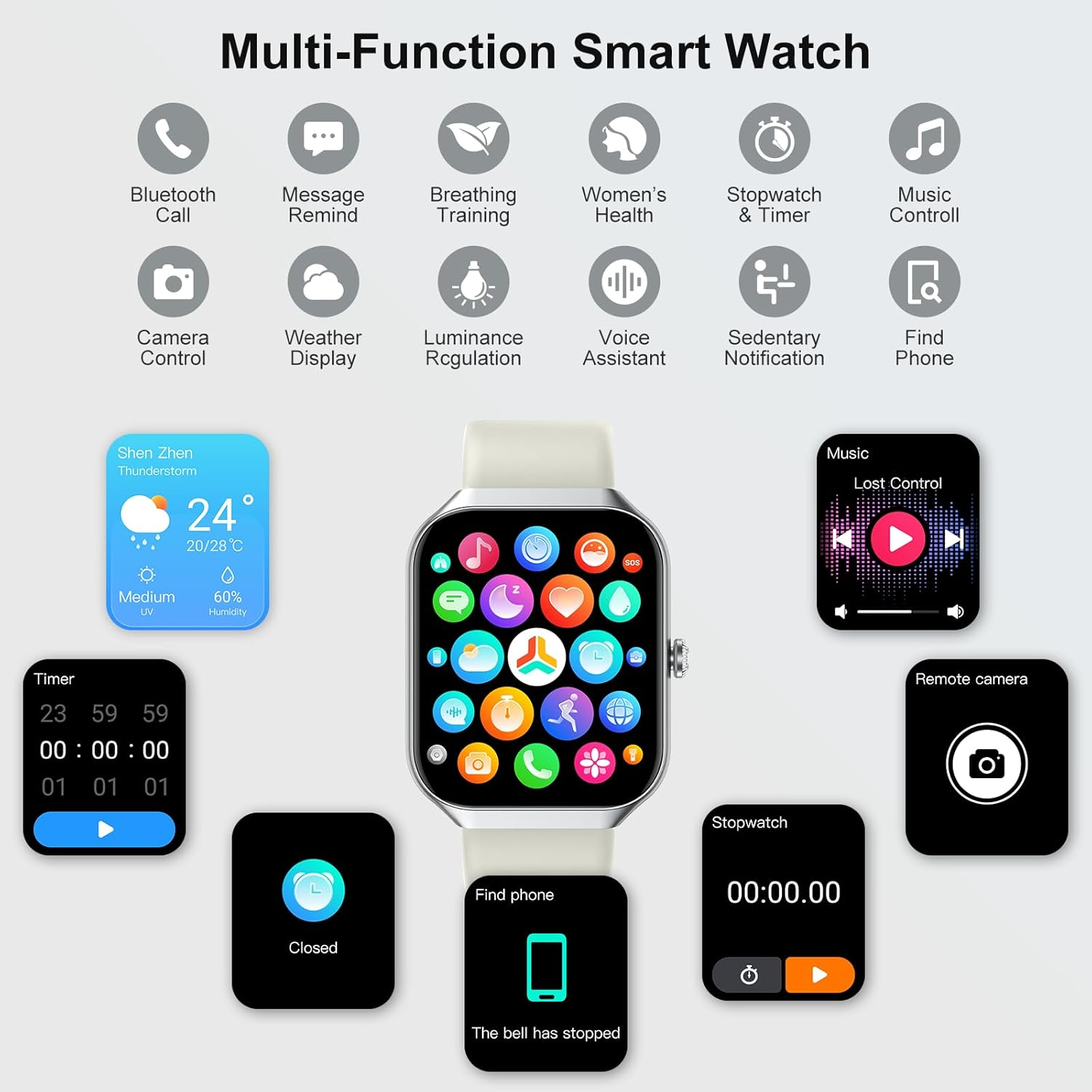 Eine Multifunktions-Smartwatch zeigt verschiedene Apps und Funktionen an. Symbole für Anrufe, Wetter, Musik und Gesundheit werden angezeigt. Die Uhr liegt auf weißem Untergrund.