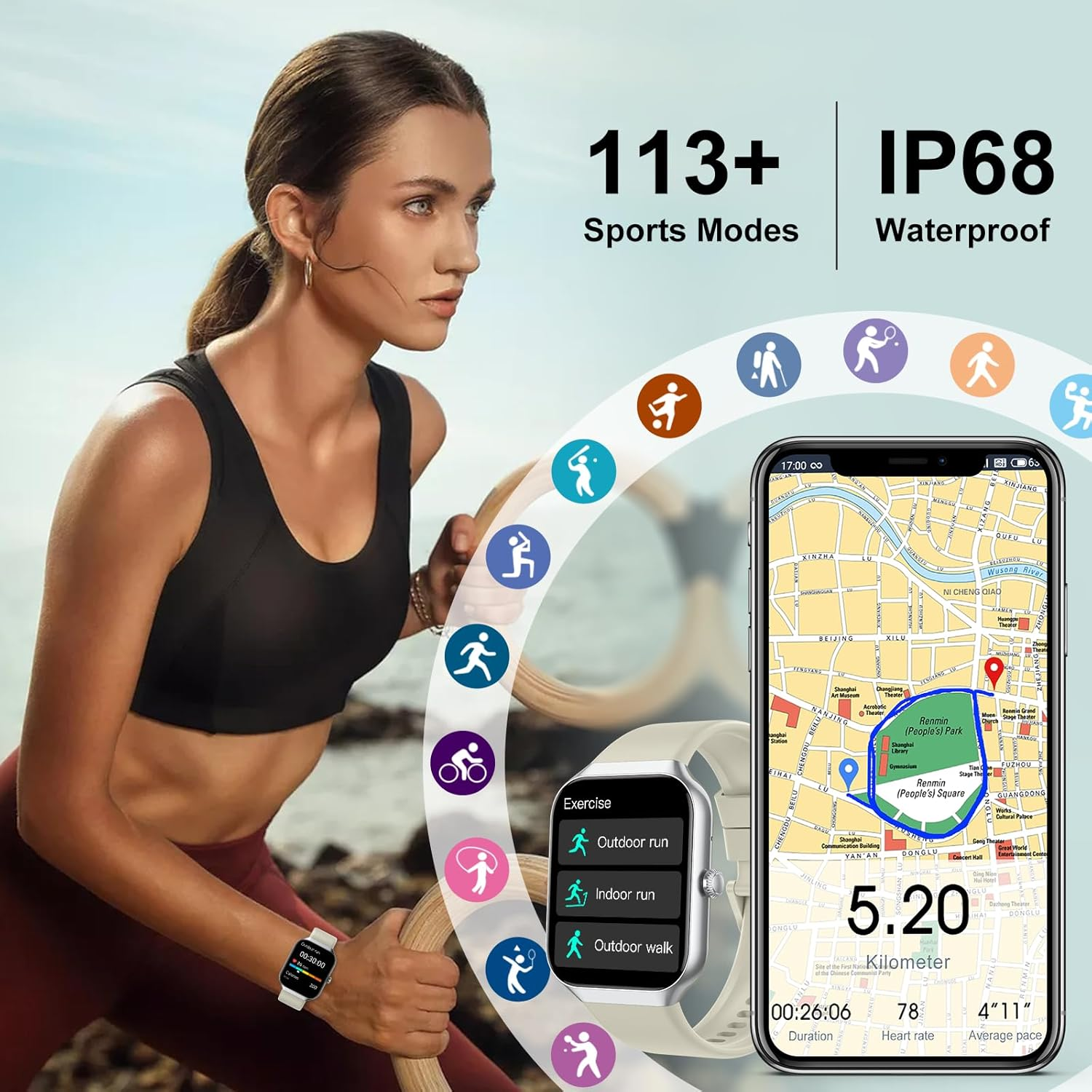 Frau in Sportkleidung mit Smartwatch, Trainingssymbolen und einer Parkkarte auf einem Smartphone.