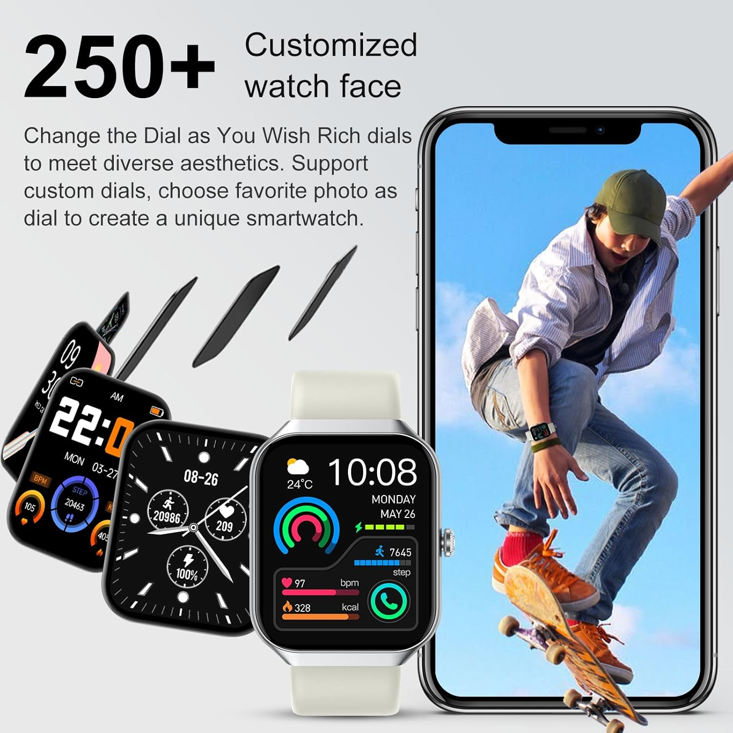 Das Bild zeigt Smartwatches mit verschiedenen Oberflächen und eine Person auf einem Skateboard, die die Funktionen der Uhr demonstriert.