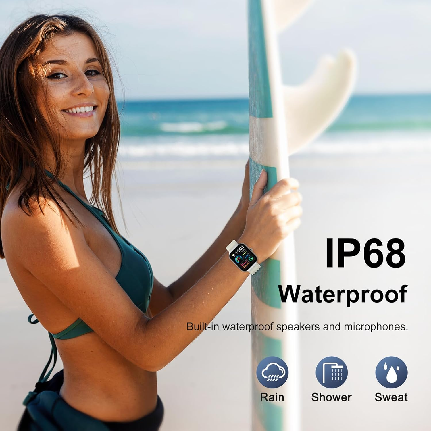 Frau hält ein Surfbrett und trägt eine Smartwatch. Text sagt IP68 Wasserdicht, Regen-, Dusch- und Schweißsymbole sind vorhanden.
