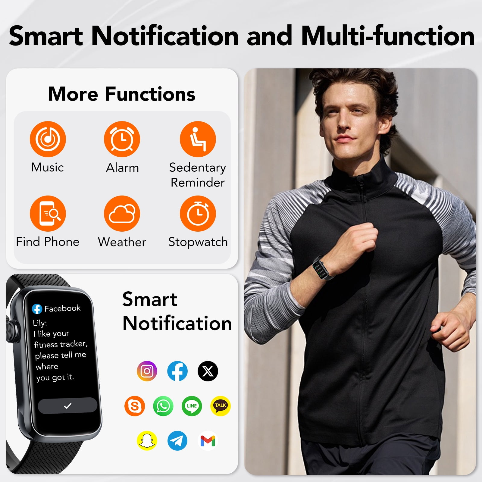 Ein Mann rennt mit einer Smartwatch. Grafiken zeigen Smartwatch-Funktionen, Social-Media-Symbole und Funktionen wie Musik und Alarm.