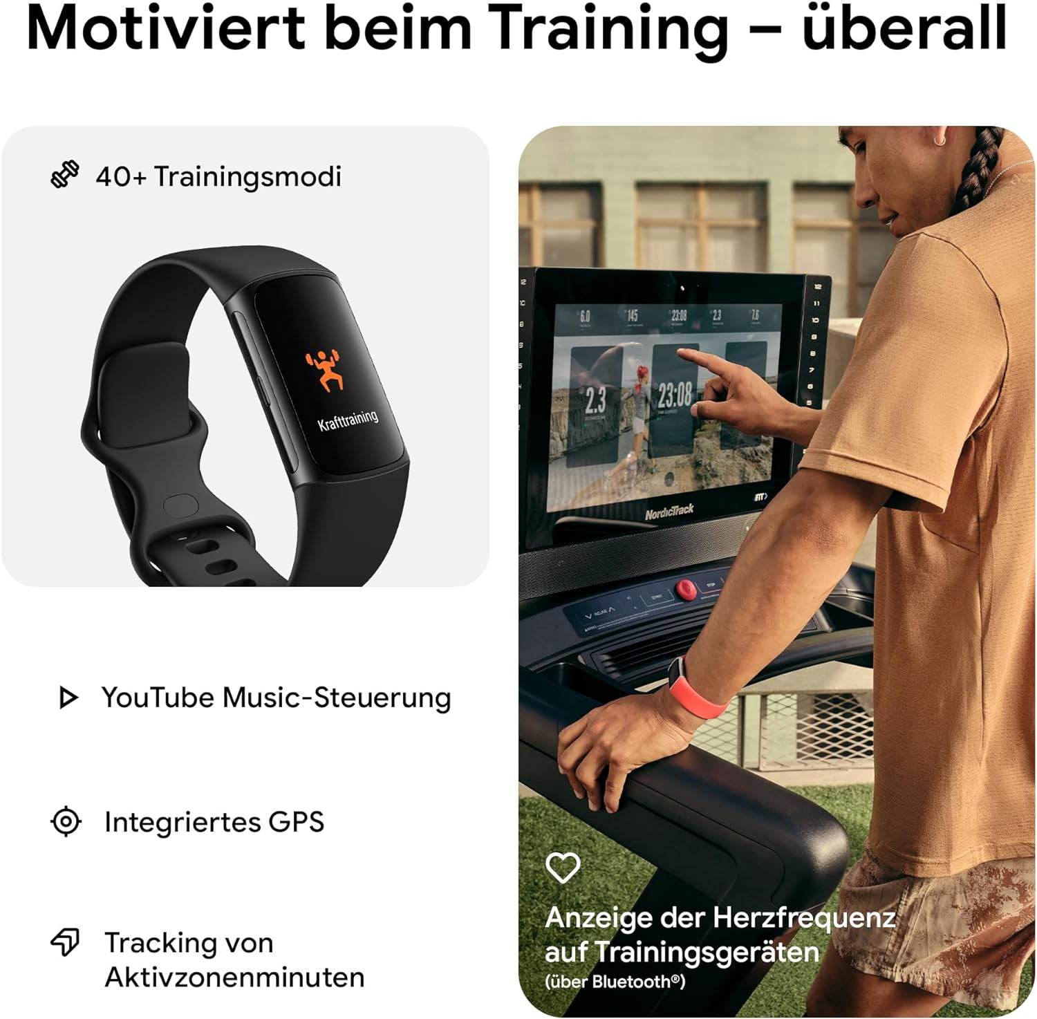 Eine Person auf einem Laufband mit einem Fitness-Tracker. Der Bildschirm zeigt Trainingsdaten. Ein Fitness-Tracker ist links abgebildet.