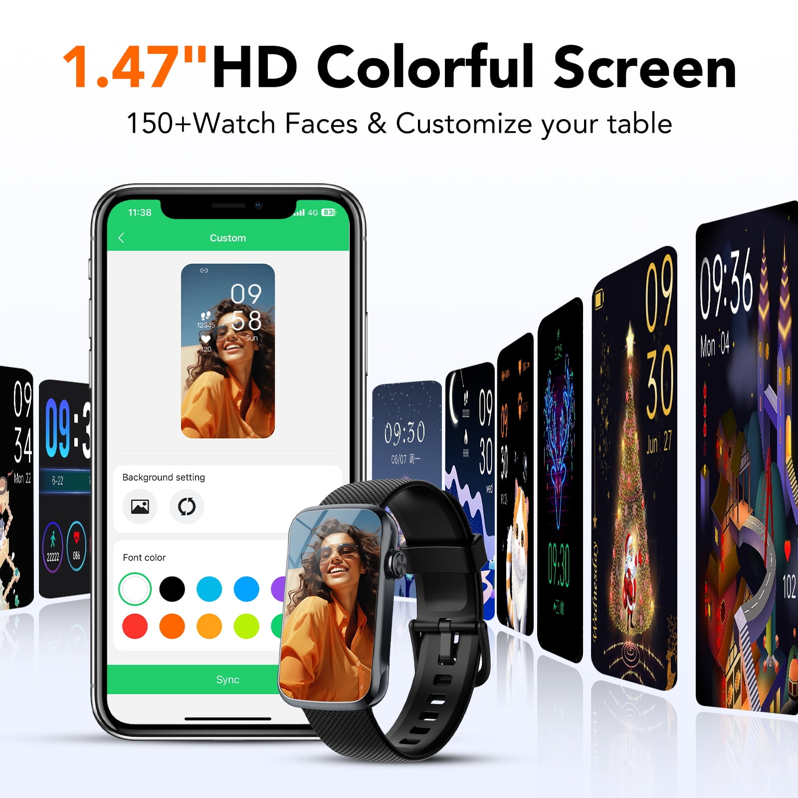 Eine Smartwatch und ein Telefon zeigen Zifferblätter an. Bild einer Frau auf der Uhr und dem Telefon. Schwarzes Armband.