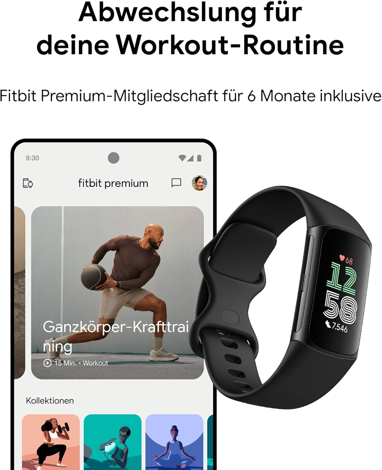 Das Bild zeigt eine schwarze Fitbit-Uhr und ein Telefon, das eine Workout-App anzeigt. Der Text oben lautet 'Abwechslung für deine Workout-Routine'.