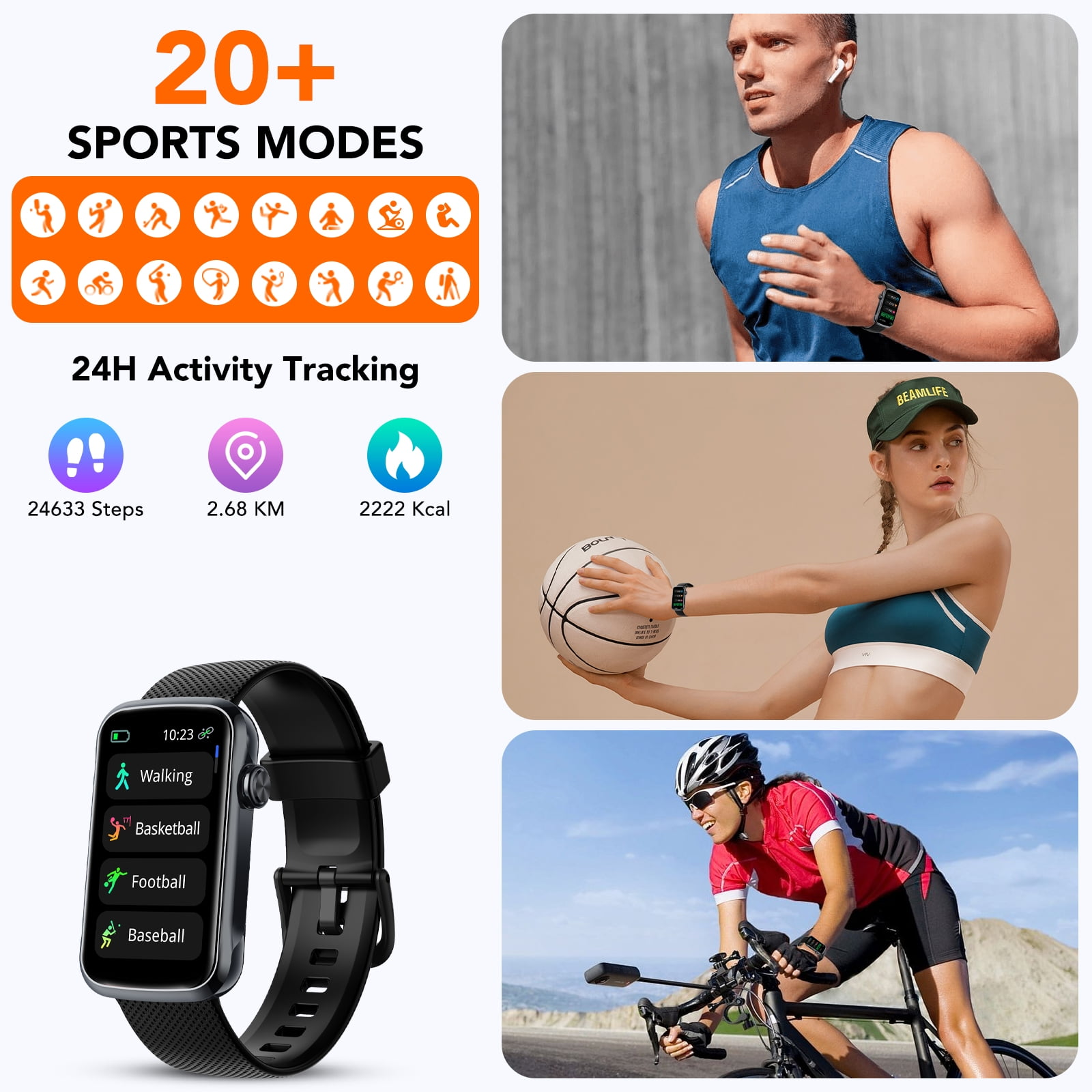 Smartwatch mit mehreren Sportmodi, Aktivitätsverfolgung und Bildern von Menschen, die Sportarten wie Laufen und Radfahren ausüben.