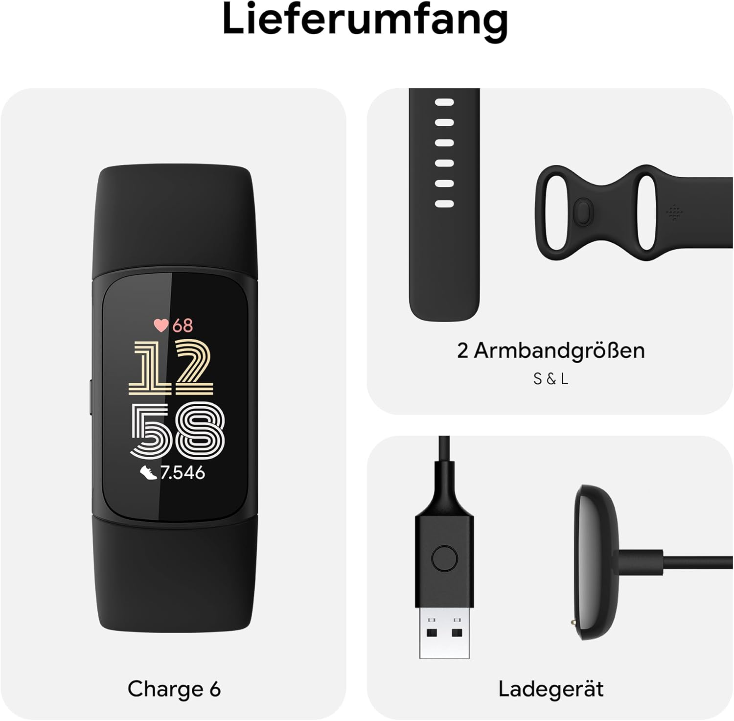 Schwarzer Fitnesstracker, zwei Armbandgrößen und ein Ladegerät. Der Tracker zeigt Zeit, Herzfrequenz und Schrittzahl an.