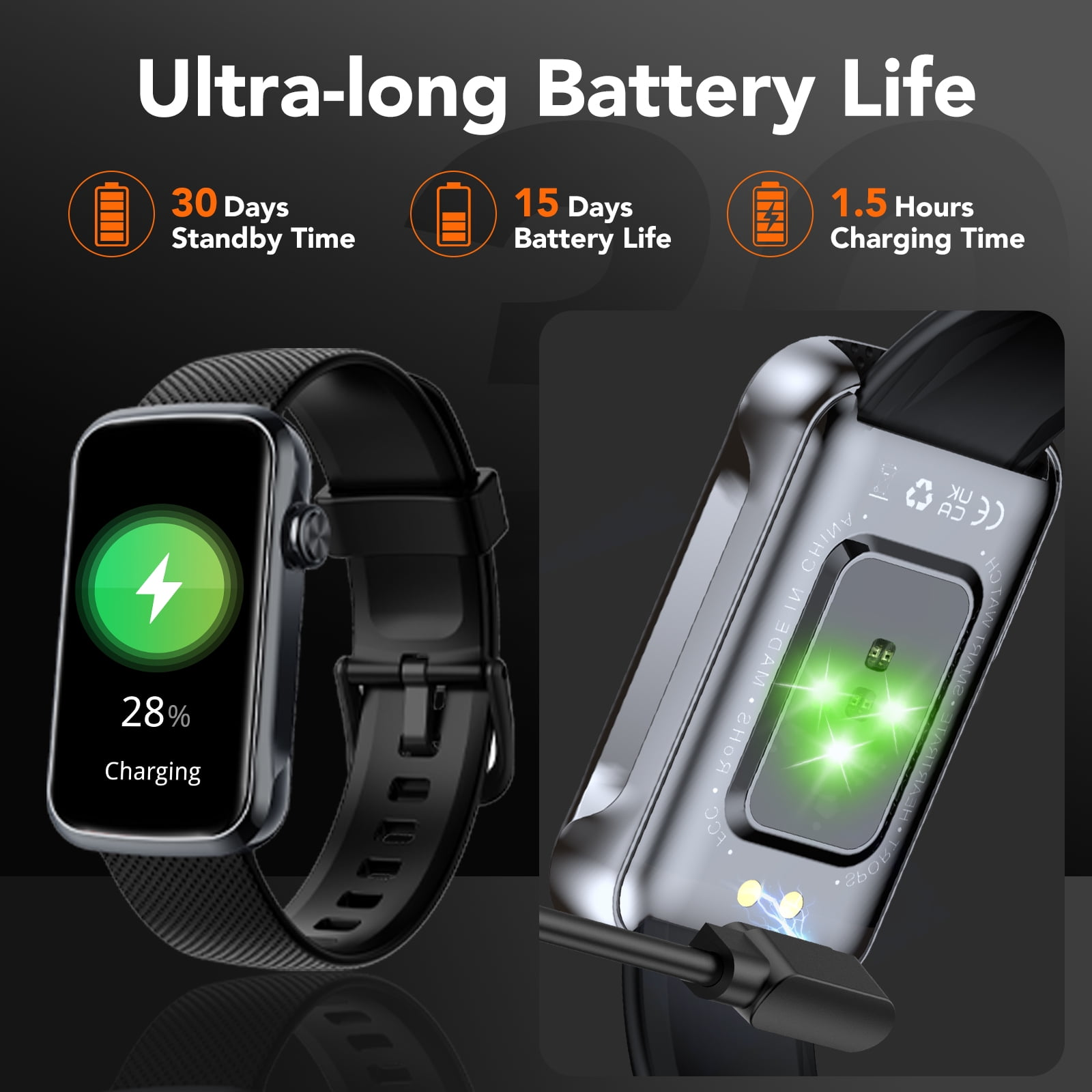 Smartwatch mit schwarzem Armband, lädt. Anzeige zeigt 28% Ladezustand. Text hebt Akkulaufzeit hervor: 30 Tage Standby, 15 Tage Nutzung.