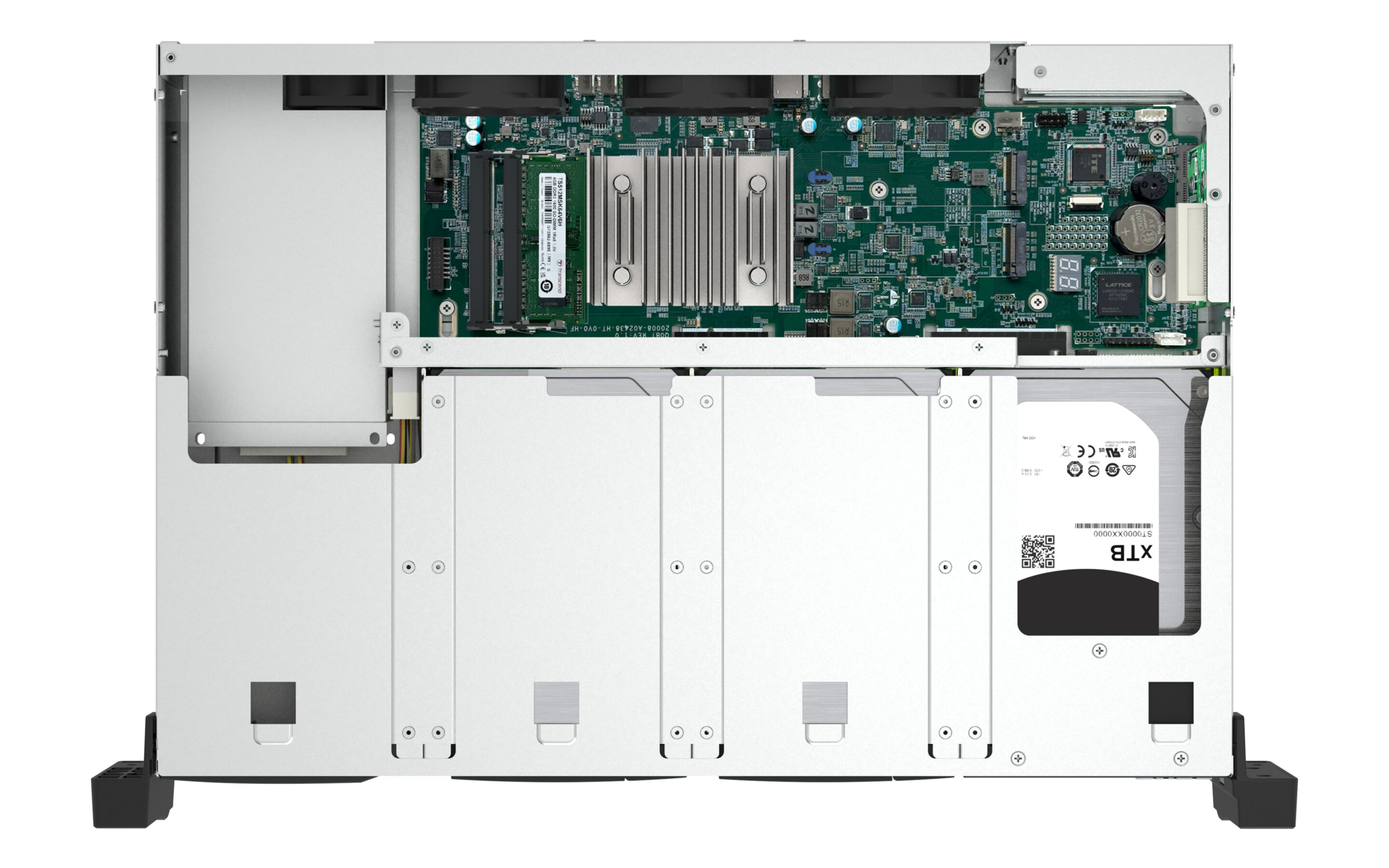 Innenansicht des Servergehäuses mit Leiterplatten, RAM und Festplatten. Metallgehäuse mit sichtbaren Komponenten.