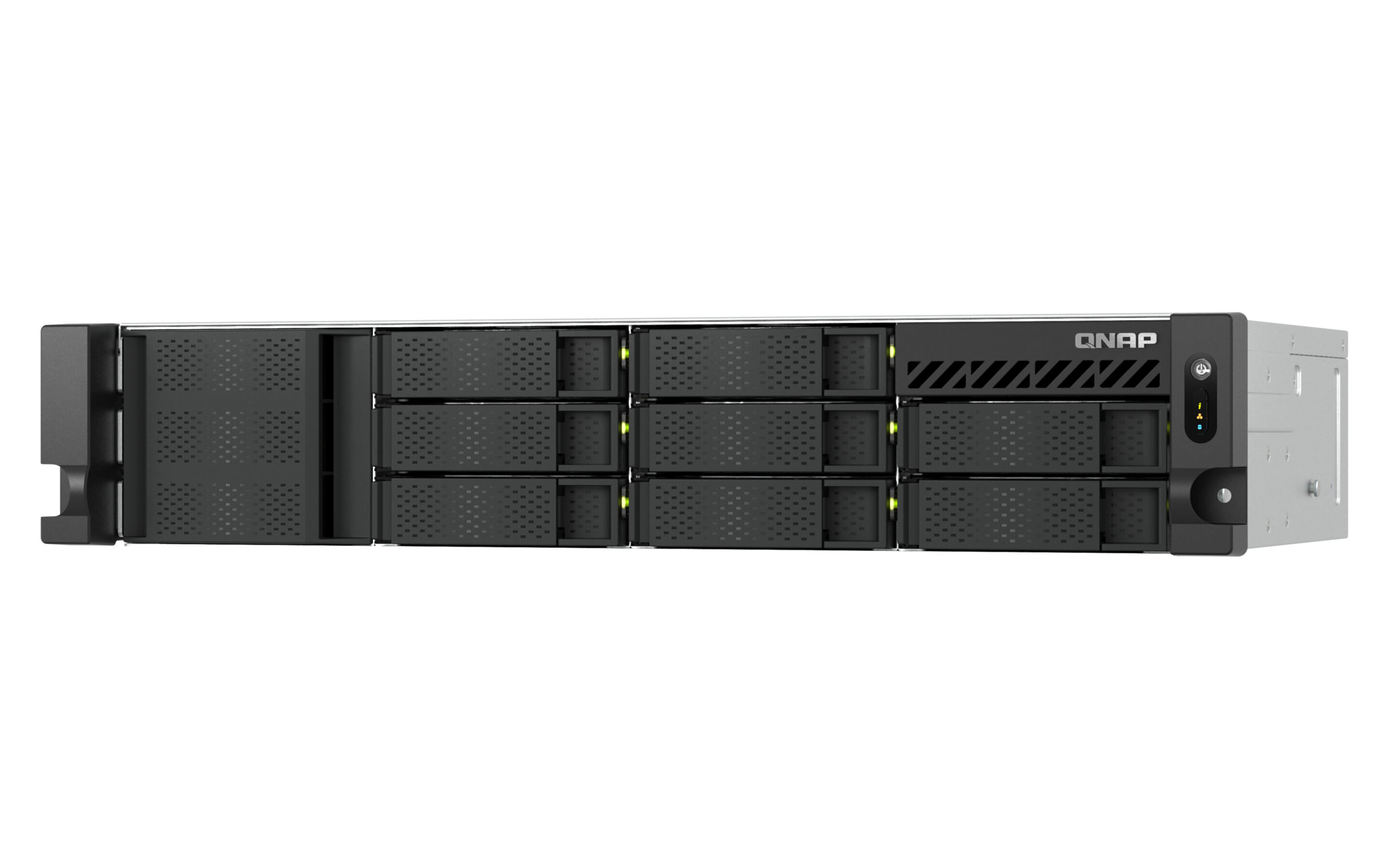 Ein schwarzer und silberner QNAP-Server. Er hat mehrere Laufwerksschächte, Kontrollleuchten und das QNAP-Logo.