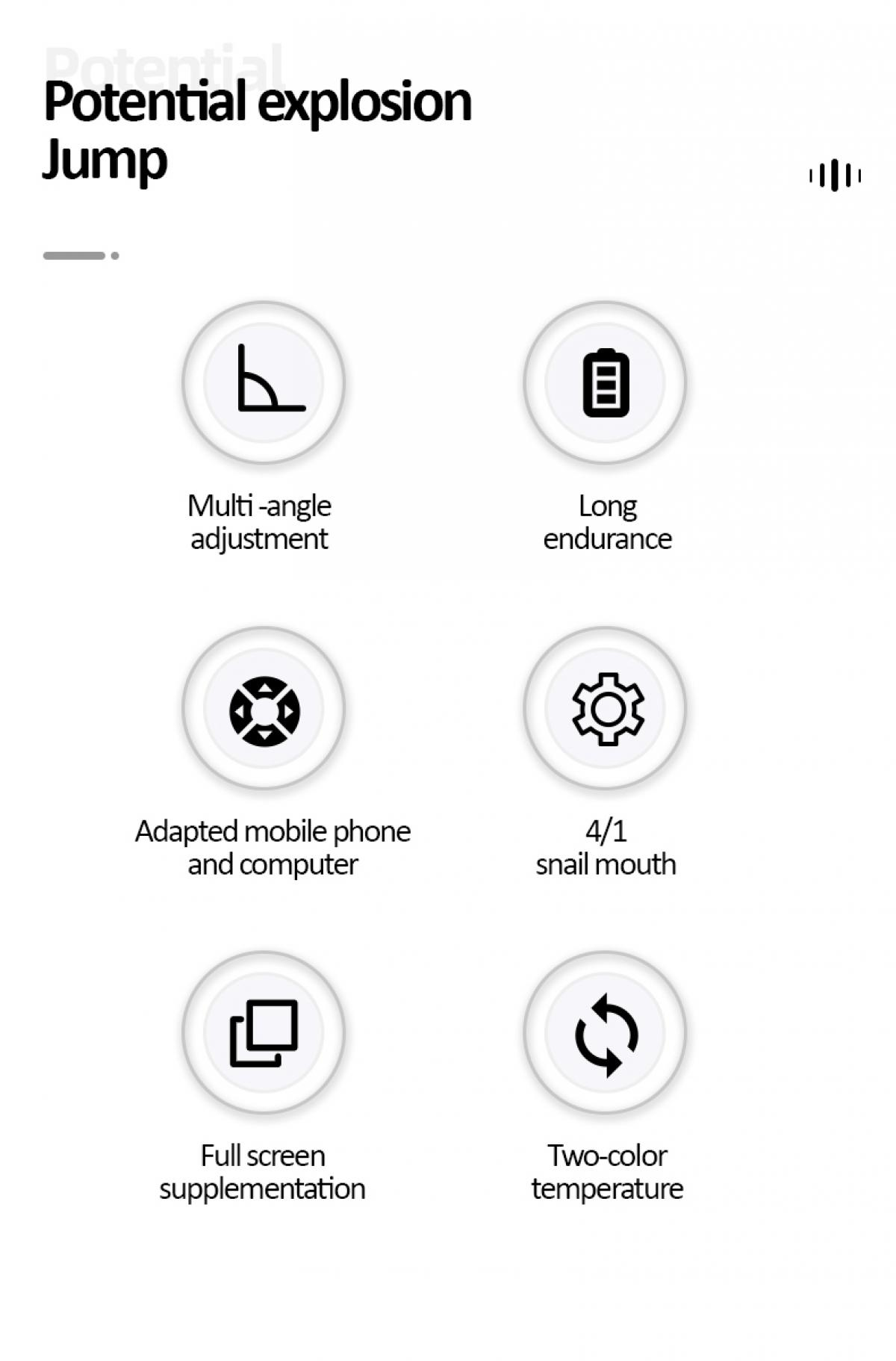 Weißer Hintergrund mit Text 'Potential Explosion Jump'. Symbole für Winkeleinstellung, Ausdauer, Telefon, Schneckenmaul, Vollbild und Temperatur.