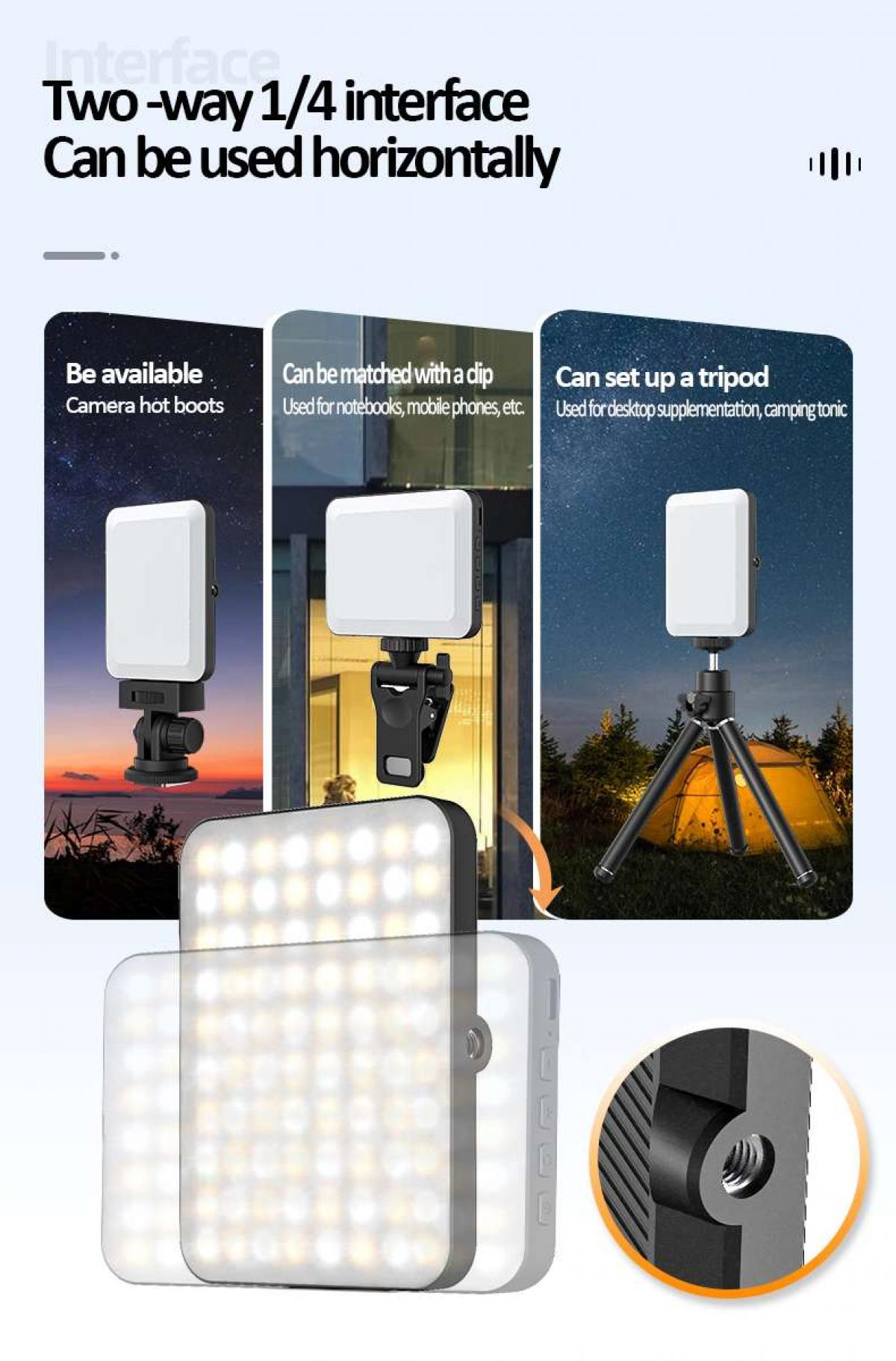 Das Bild zeigt ein LED-Licht mit verschiedenen Befestigungsmöglichkeiten: Blitzschuh, Clip und Stativ. Text beschreibt Verwendungen und Funktionen.