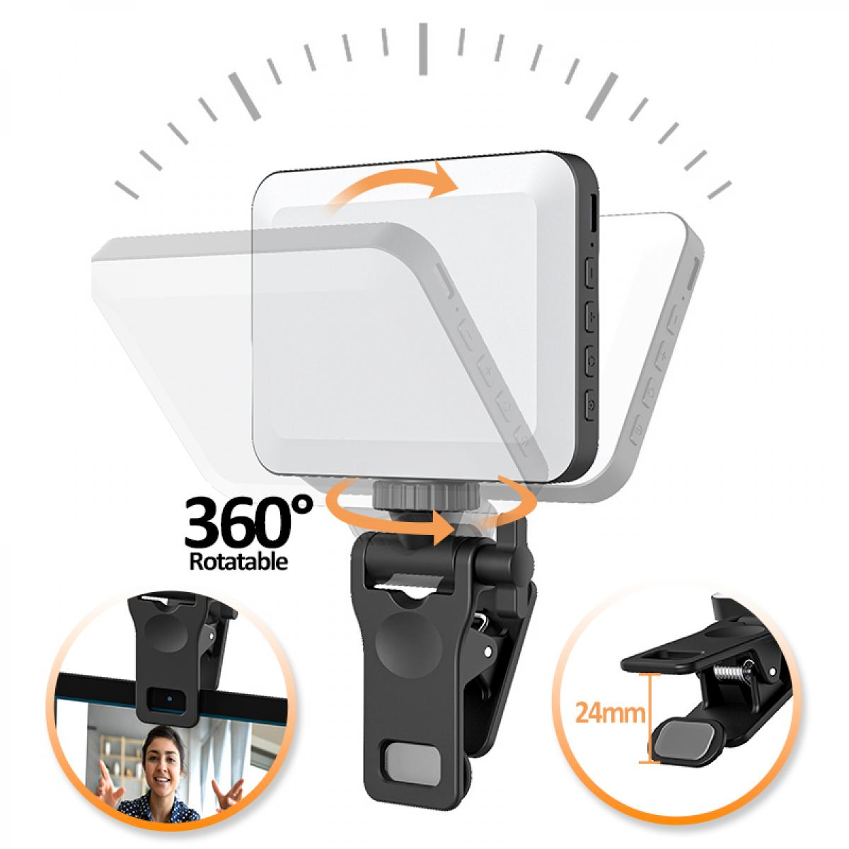 Ein um 360° drehbares LED-Licht mit Clip, das eine Frau auf einem Bildschirm zeigt. Details: 24 mm. Das Licht ist weiß, der Clip ist schwarz.