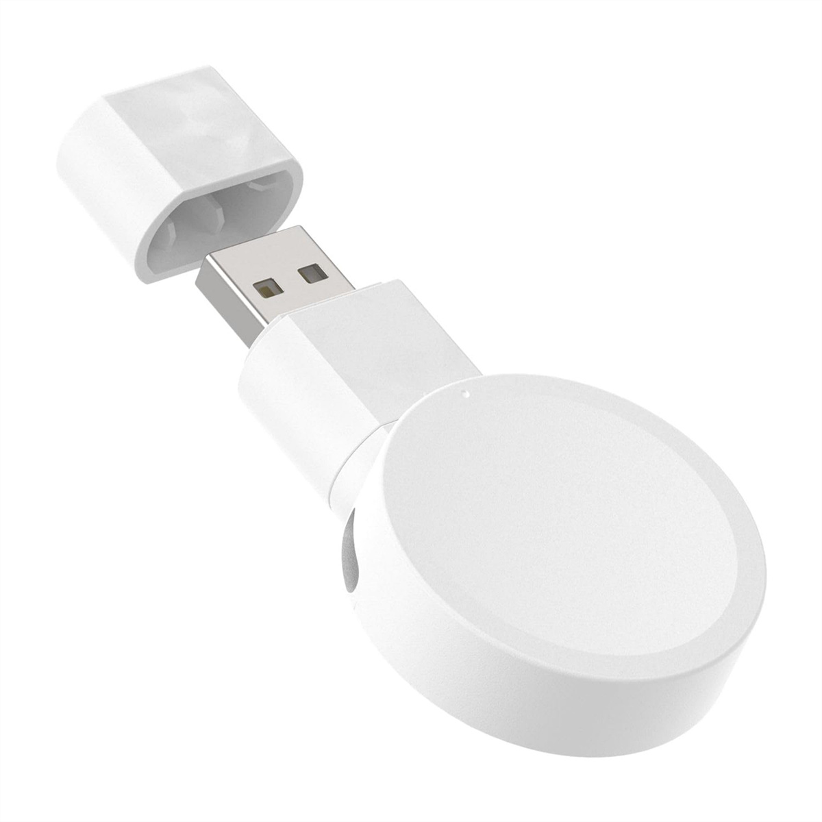 Ein weißes USB-Ladegerät mit abnehmbarer Kappe. Es hat eine kreisförmige Basis und einen USB-Anschluss. Isoliert auf weißem Hintergrund.