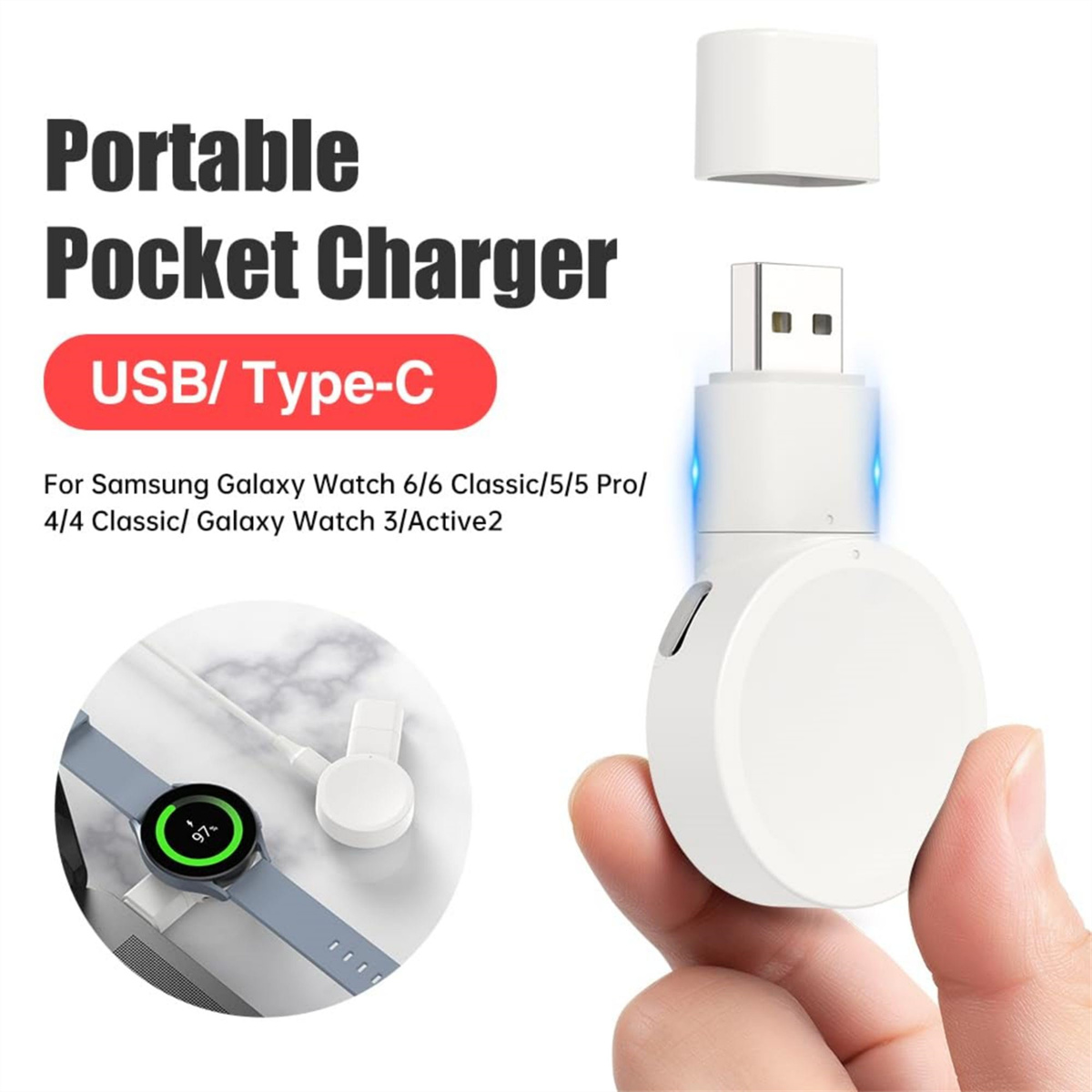 Ein weißes tragbares Ladegerät mit USB-Anschluss wird gehalten. Eine Uhr wird links geladen. Text: Portable Pocket Charger, USB/Type-C.