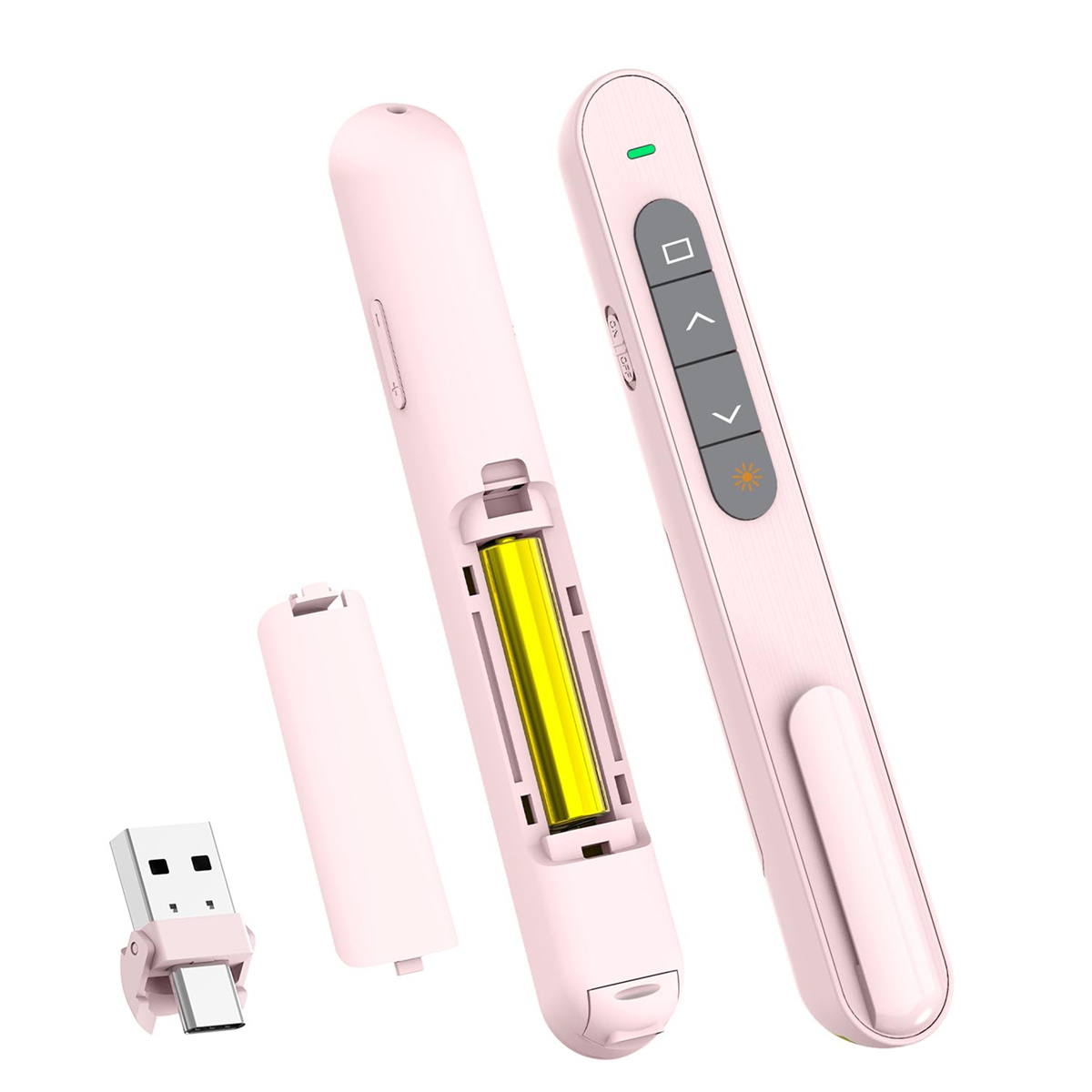 Rosa Präsentationsfernbedienung mit USB-Adapter und offenem Batteriefach, das eine gelbe Batterie zeigt.