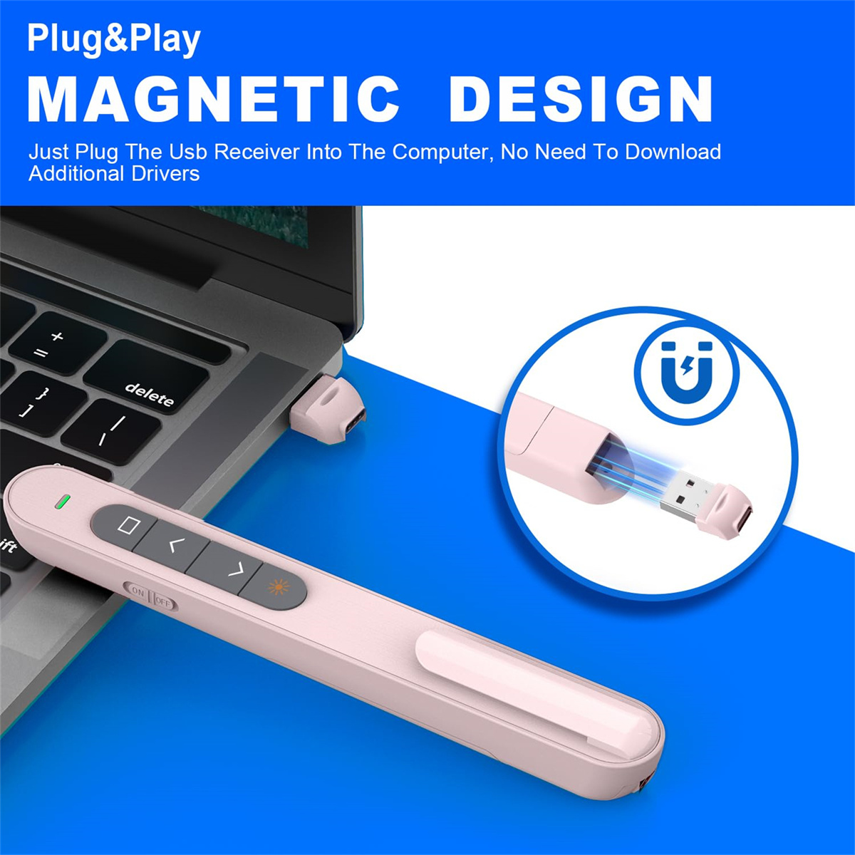 Eine rosa Präsentationsfernbedienung mit einem USB-Empfänger, der an einen Laptop angeschlossen ist.