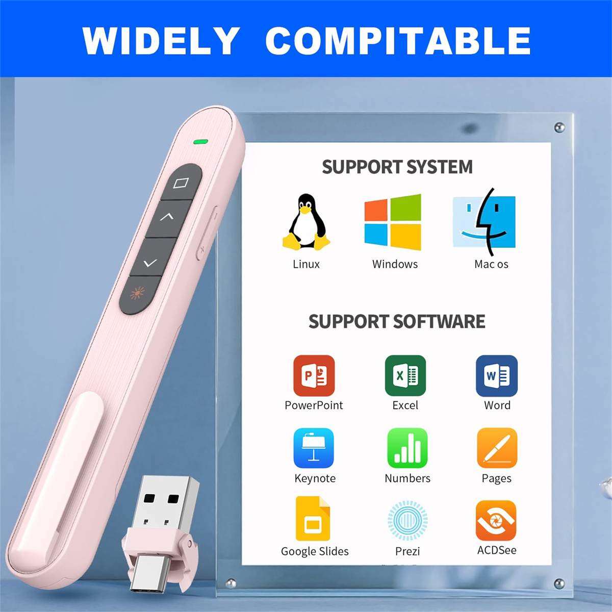 Ein rosa Präsentationsgerät mit Knöpfen und USB-Anschluss, neben einem Diagramm zur Software- und Systemkompatibilität.