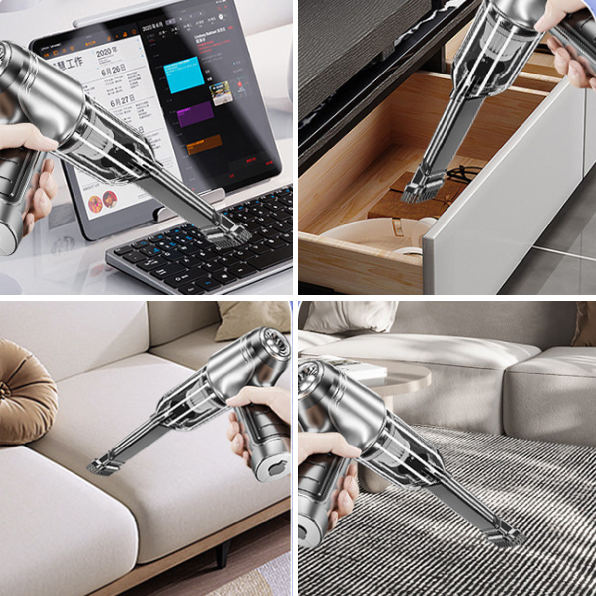 Ein silberner Handstaubsauger wird in verschiedenen Szenarien verwendet: Reinigung einer Tastatur, Schublade, Sofa und Teppich.