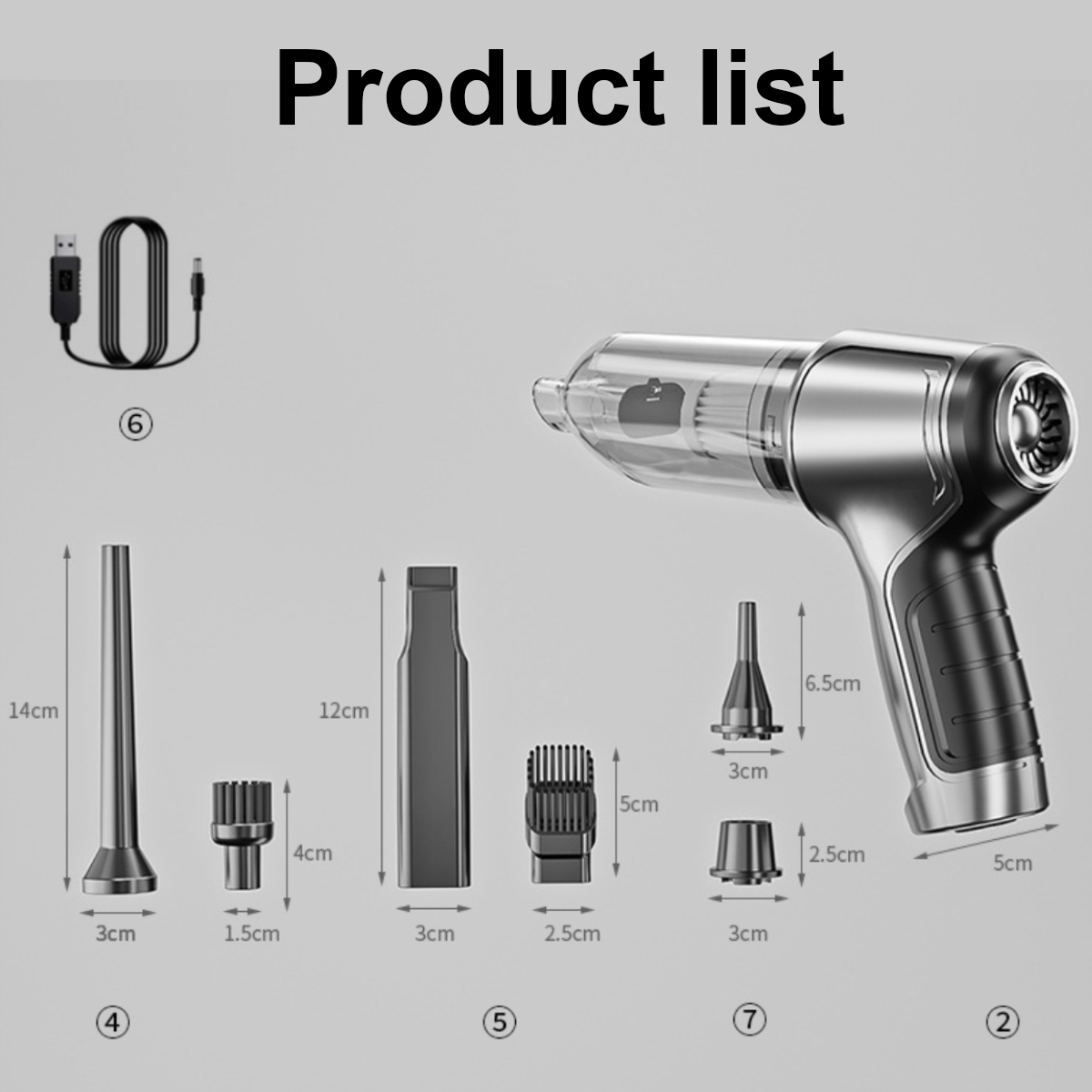 Eine Produktliste, die einen Handstaubsauger und sein Zubehör zeigt, darunter Düsen und ein Ladekabel.