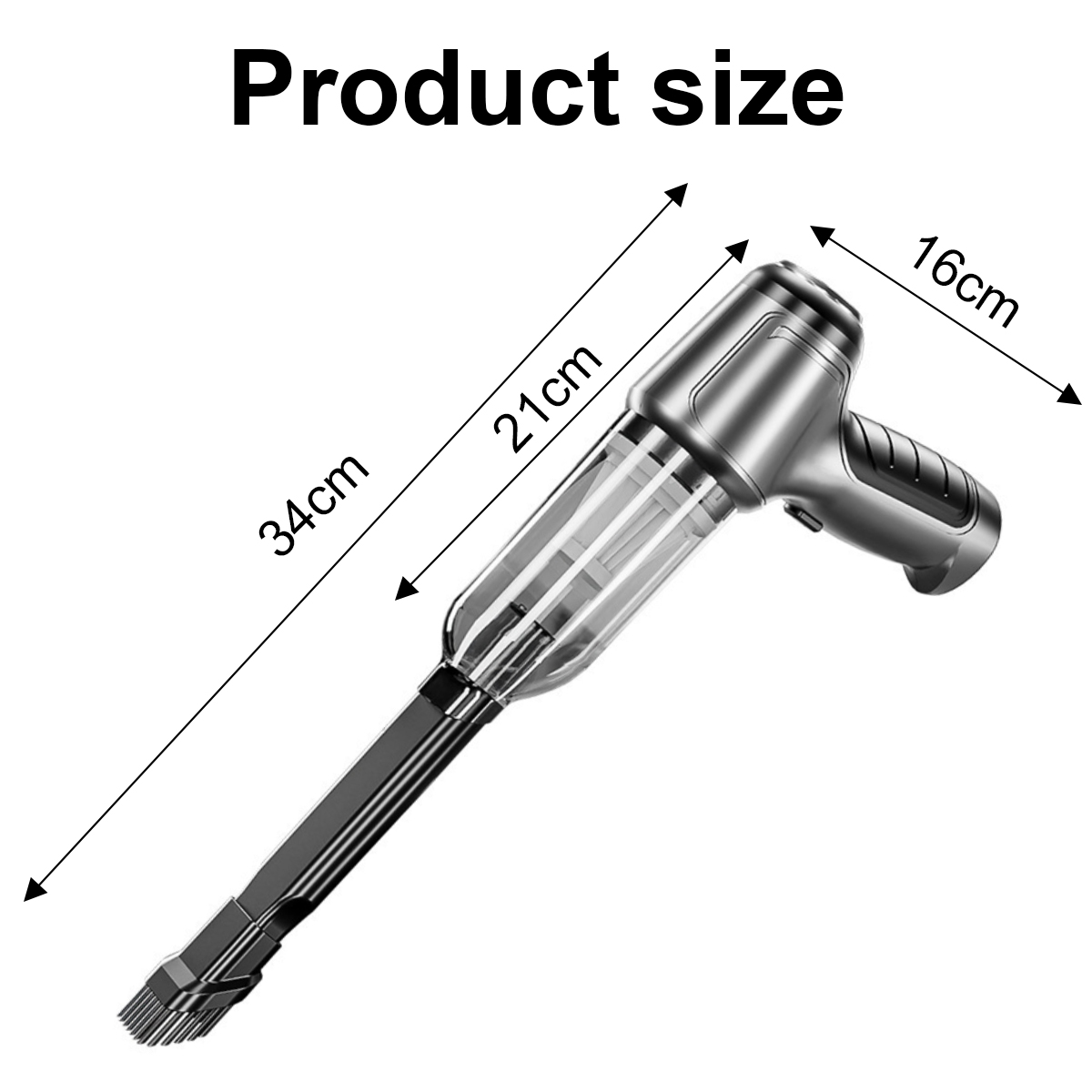 Ein silberner und transparenter Handstaubsauger mit den angegebenen Abmessungen: 34 cm, 21 cm und 16 cm. Der Text lautet 'Produktgröße'.