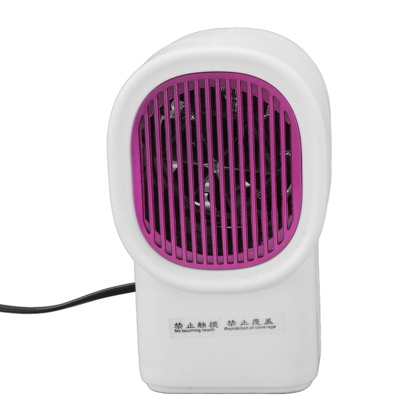 Ein weiß-rosa elektrischer Heizlüfter mit schwarzem Netzkabel. Er hat ein rosa Gitter und ein Warnschild.
