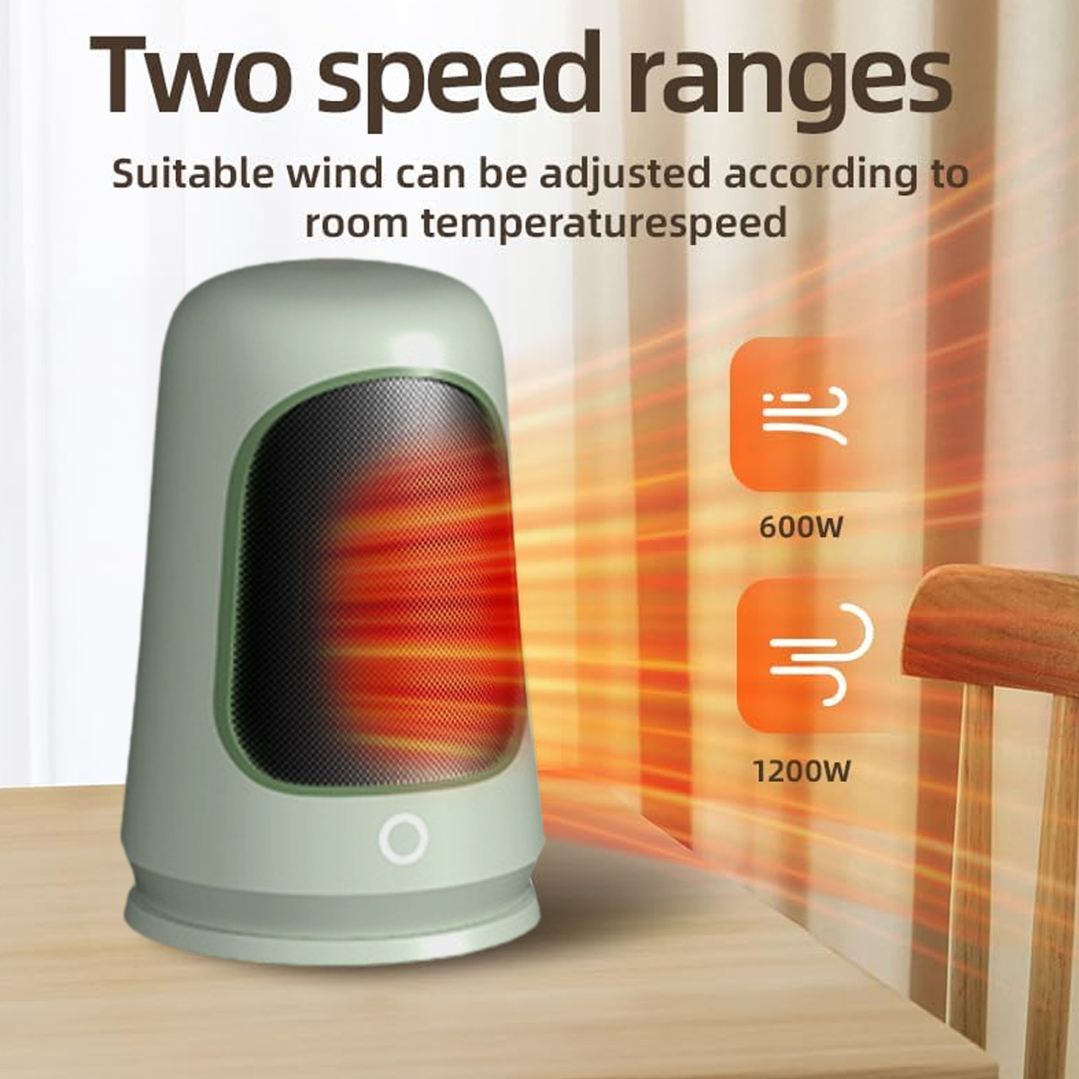 Ein grün-weißer Heizlüfter mit zwei Geschwindigkeitsstufen, 600W und 1200W. Im Hintergrund ein Holzstuhl und orangefarbene Lichter.