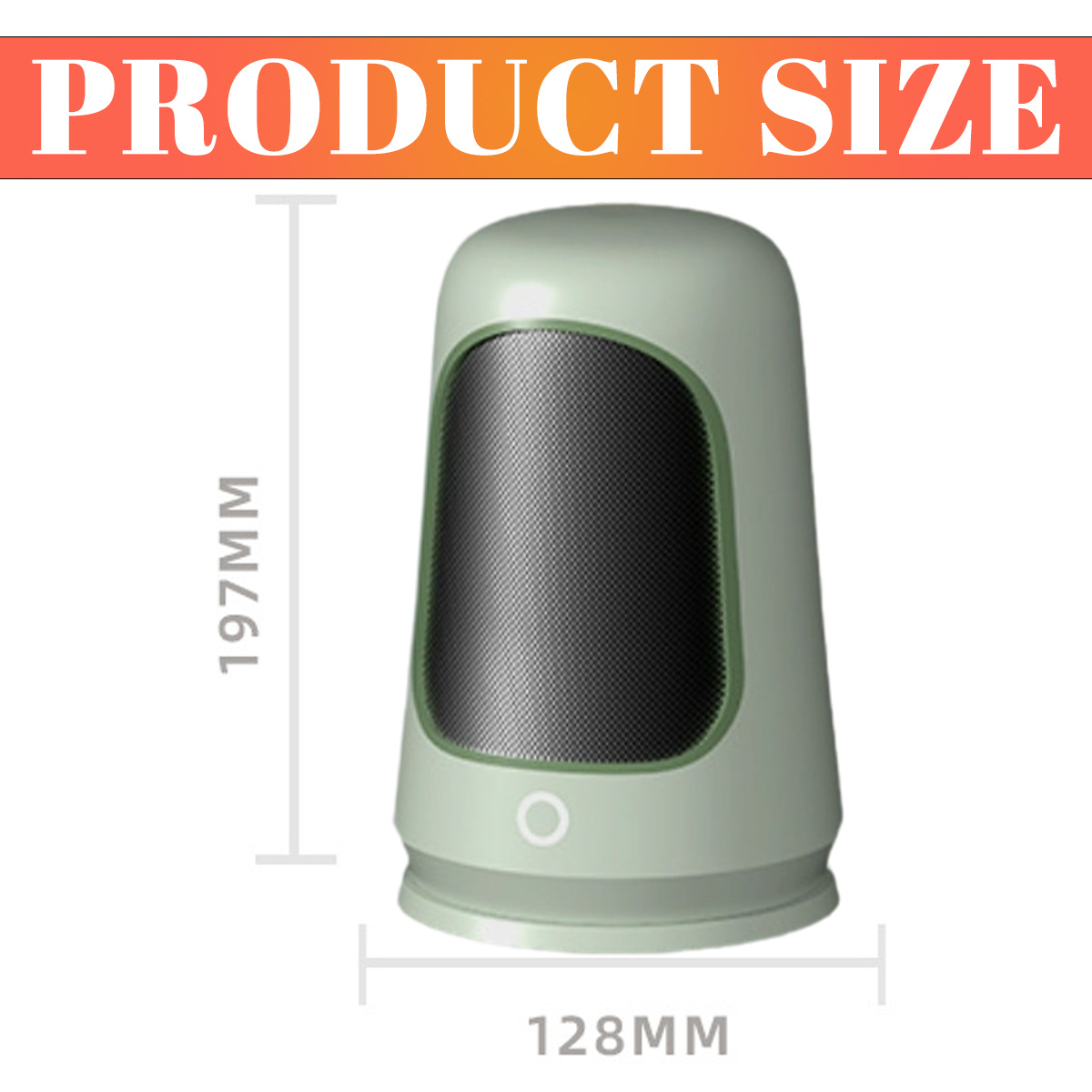 Ein hellgrünes Produkt mit schwarzem Mesh, beschriftet mit 'PRODUCT SIZE'. Abmessungen: 197 mm Höhe, 128 mm Breite. Ein Knopf ist sichtbar.