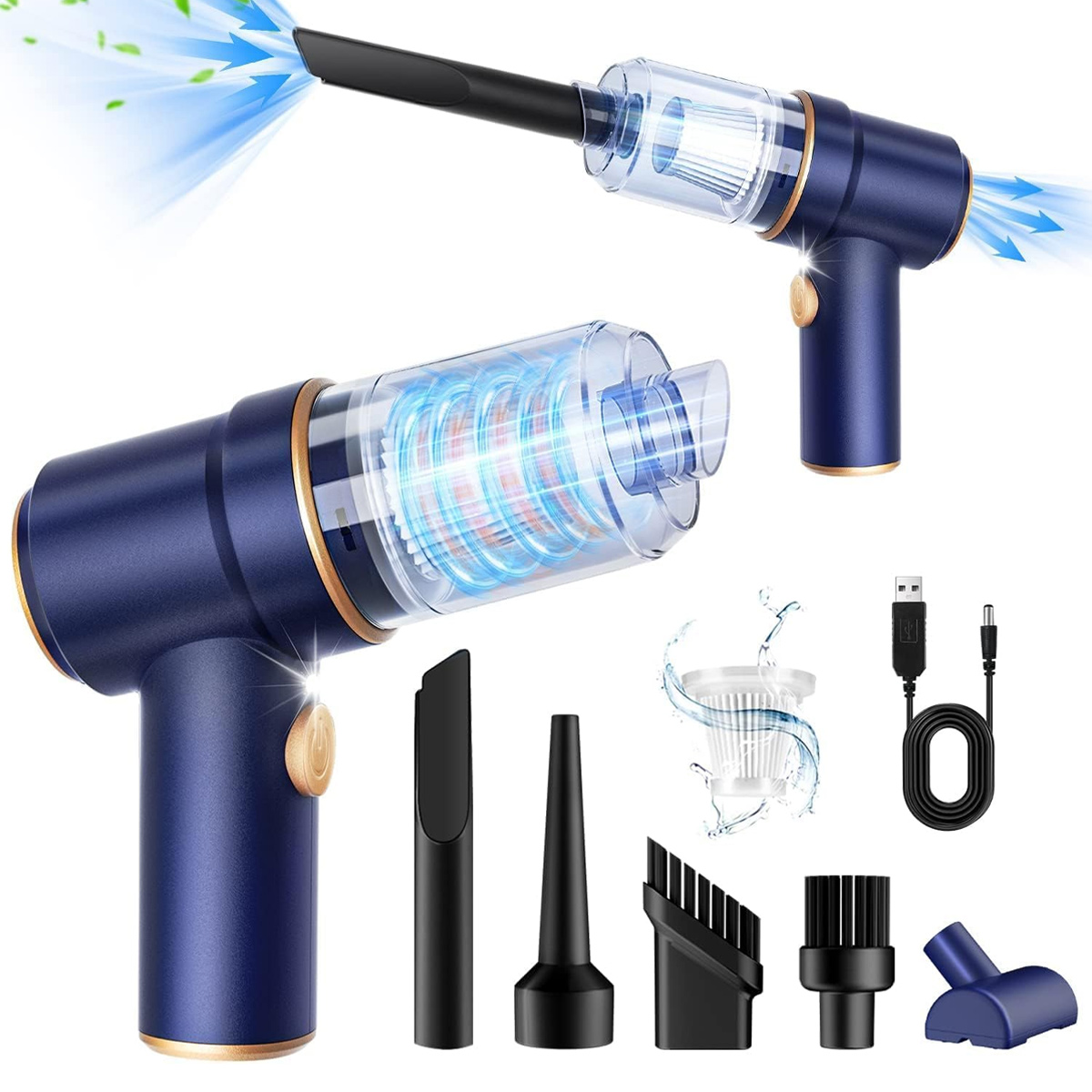 Zwei blaue Handstaubsauger mit verschiedenen Aufsätzen. Blauer Luftstrom wird gezeigt. Zubehör umfasst verschiedene Düsen, einen Filter und ein Ladekabel.