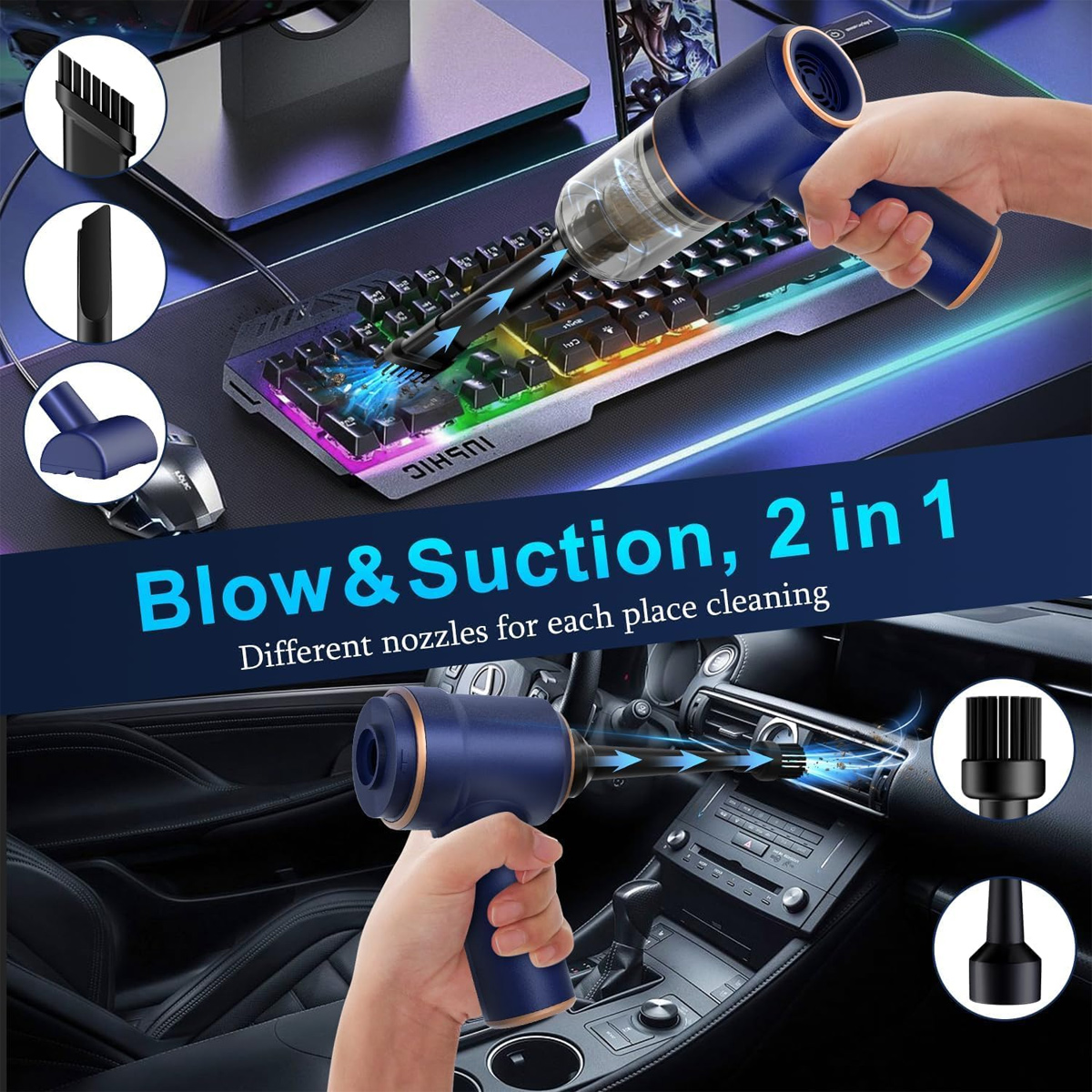 Eine Hand hält einen blau-goldenen Staubsauger, der eine Tastatur reinigt. Verschiedene Düsen werden für verschiedene Zwecke gezeigt, mit dem Text 'Blow & Suction, 2 in 1'.