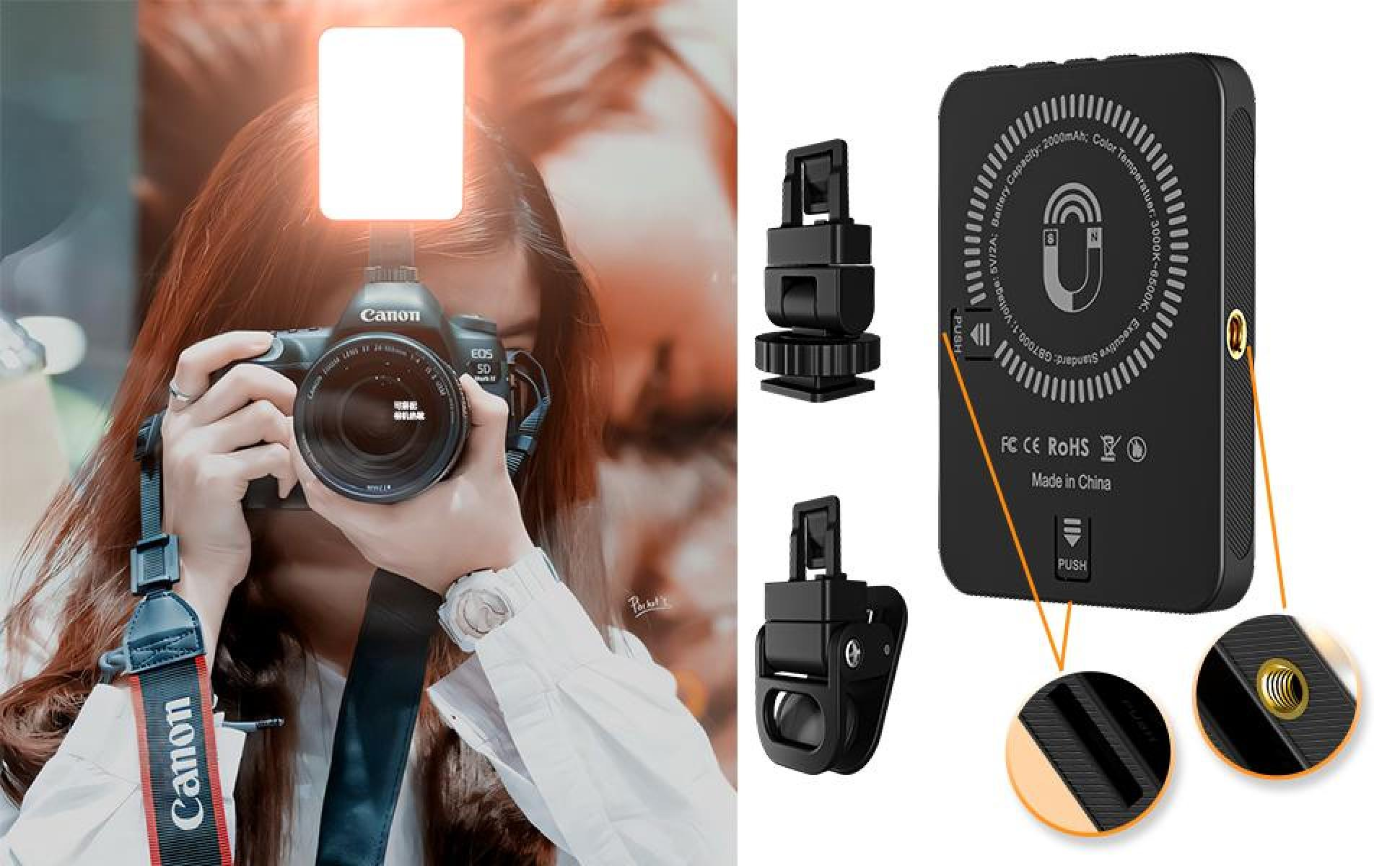 Eine Person hält eine Canon EOS 5D Kamera mit Blitz. Zubehör umfasst ein schwarzes Licht und ein schwarzes batterieähnliches Gerät.