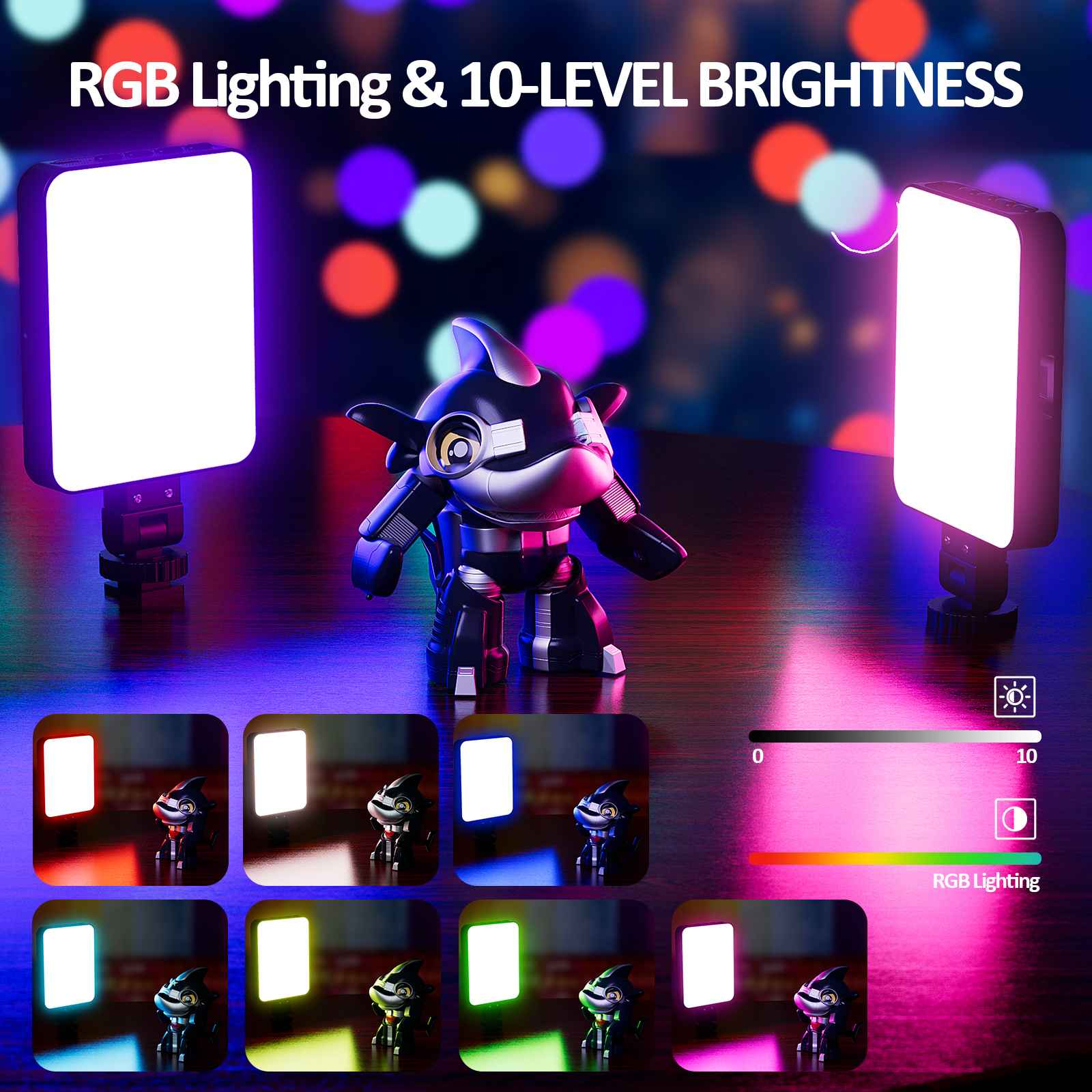 Das Bild zeigt RGB-Beleuchtung und Helligkeitsstufen. Ein Roboter sitzt zwischen zwei Lichtern. Verschiedene Farb- und Helligkeitsoptionen werden angezeigt.