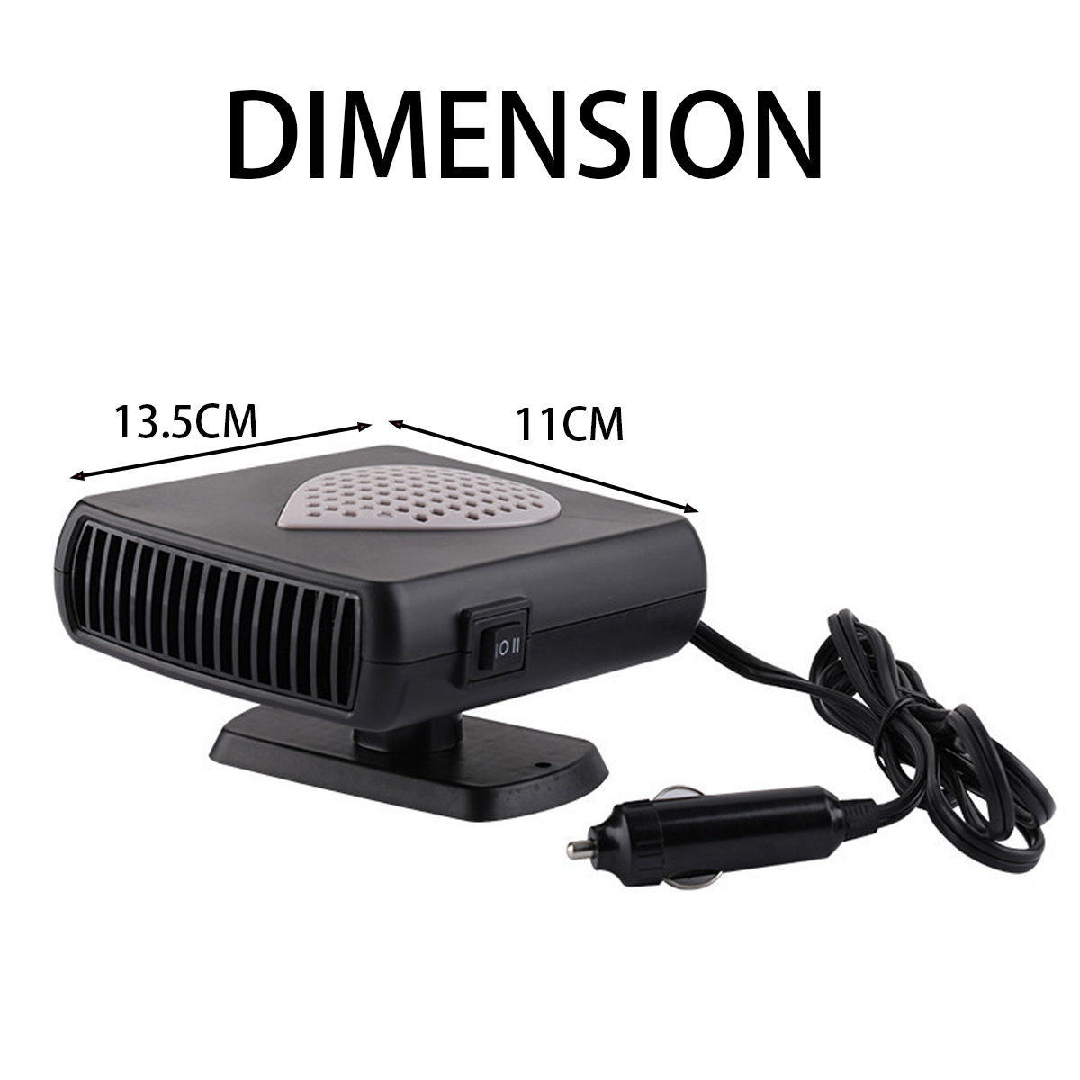 Ein schwarzes Autoheizgerät mit Maßangaben. Es hat einen Netzschalter, eine Entlüftung und ein Netzkabel mit Auto-Adapter.