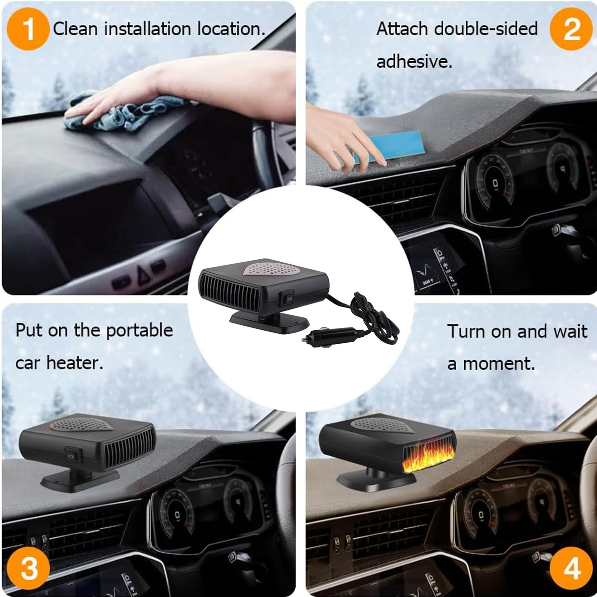 Anweisungen zum Einbau einer Autoheizung: Reinigen, Klebstoff anbringen, platzieren und einschalten. Enthält den Innenraum des Autos.