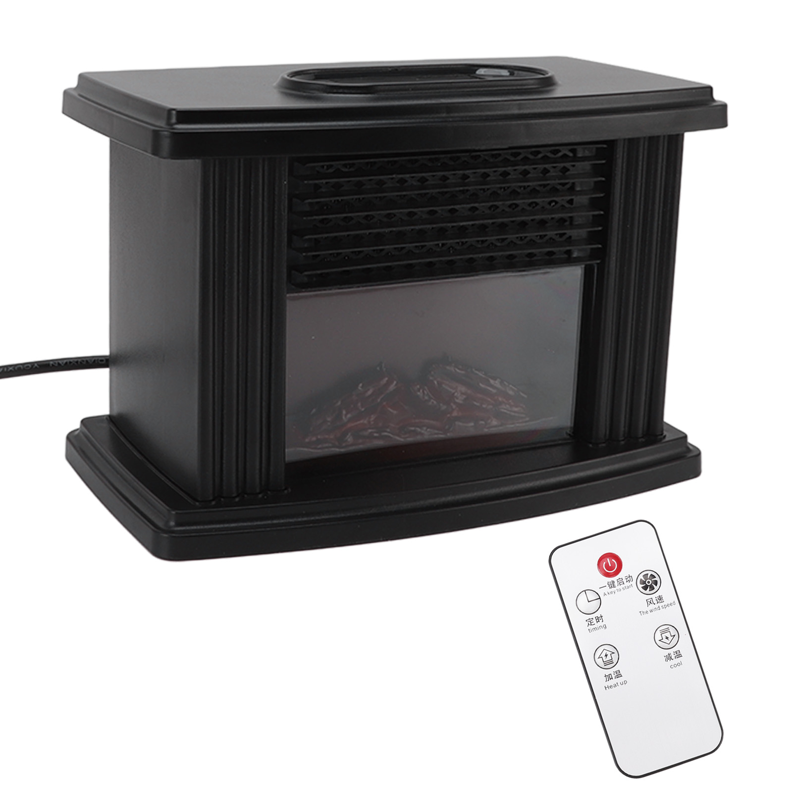 Ein schwarzer elektrischer Kamin mit Fernbedienung. Der Kamin hat einen Flammeneffekt und eine Lüftung. Die Fernbedienung hat Tasten.