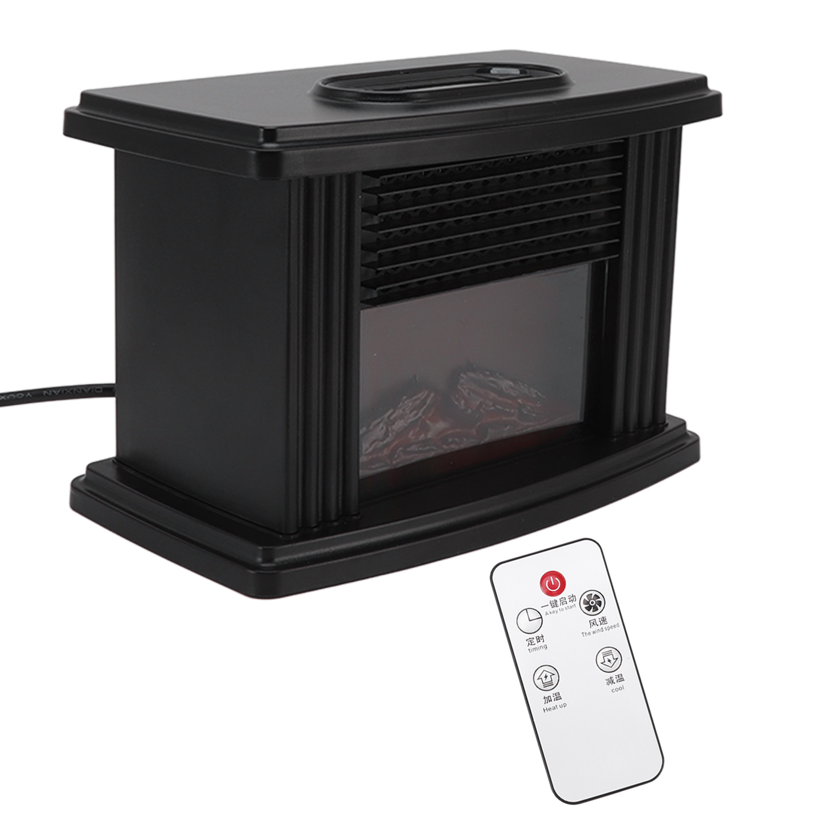 Ein schwarzer elektrischer Kamin mit Fernbedienung. Er hat einen Flammeneffekt und Steuertasten.