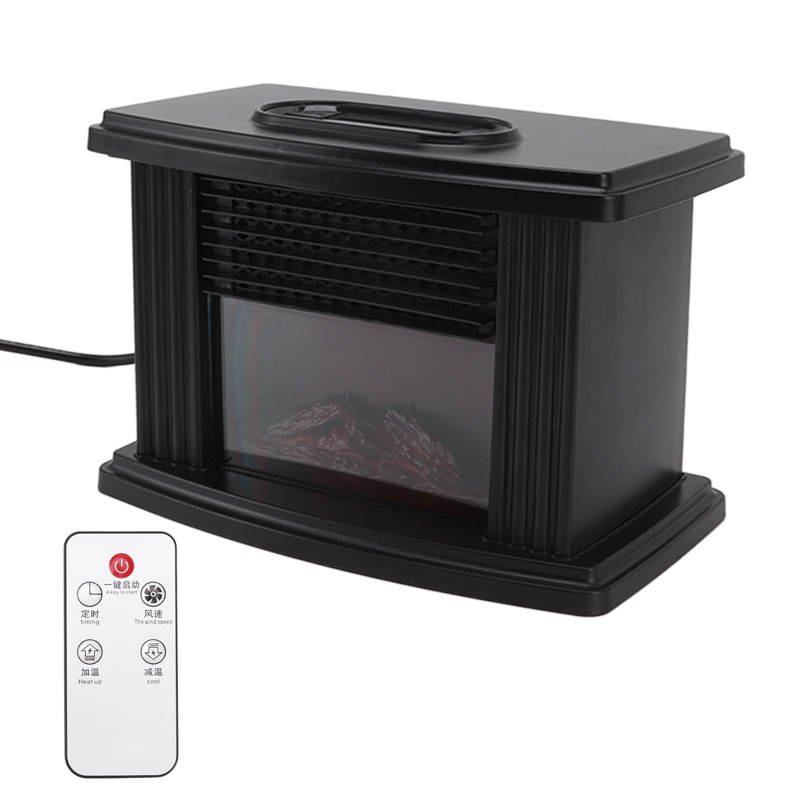 Schwarzer elektrischer Kamin mit Fernbedienung. Der Kamin hat einen simulierten Flammeneffekt und Belüftungsöffnungen.