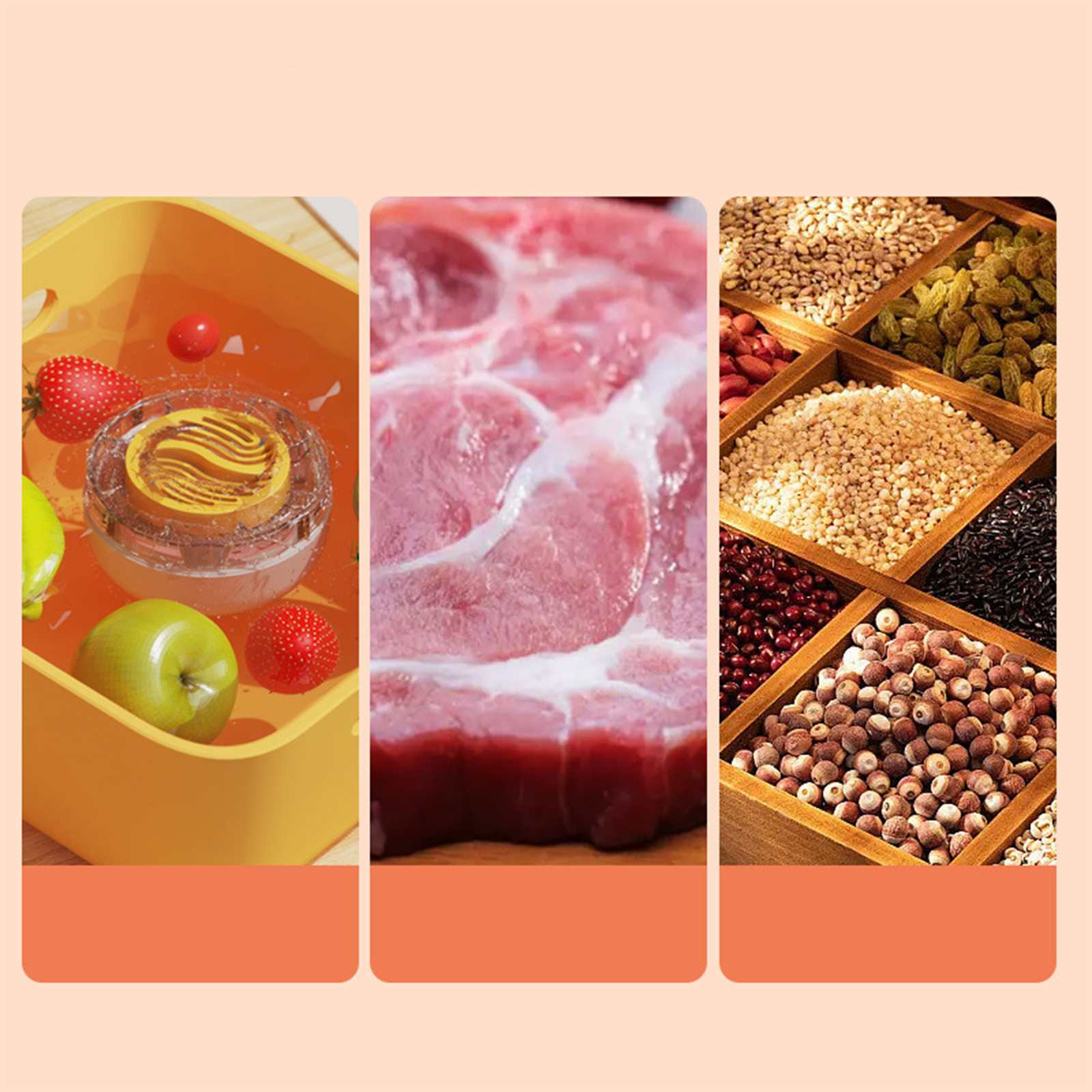 Das Bild ist in drei Teile geteilt: Früchte in Wasser, ein Stück rohes Fleisch und verschiedene Körner und Samen in Holzkisten.