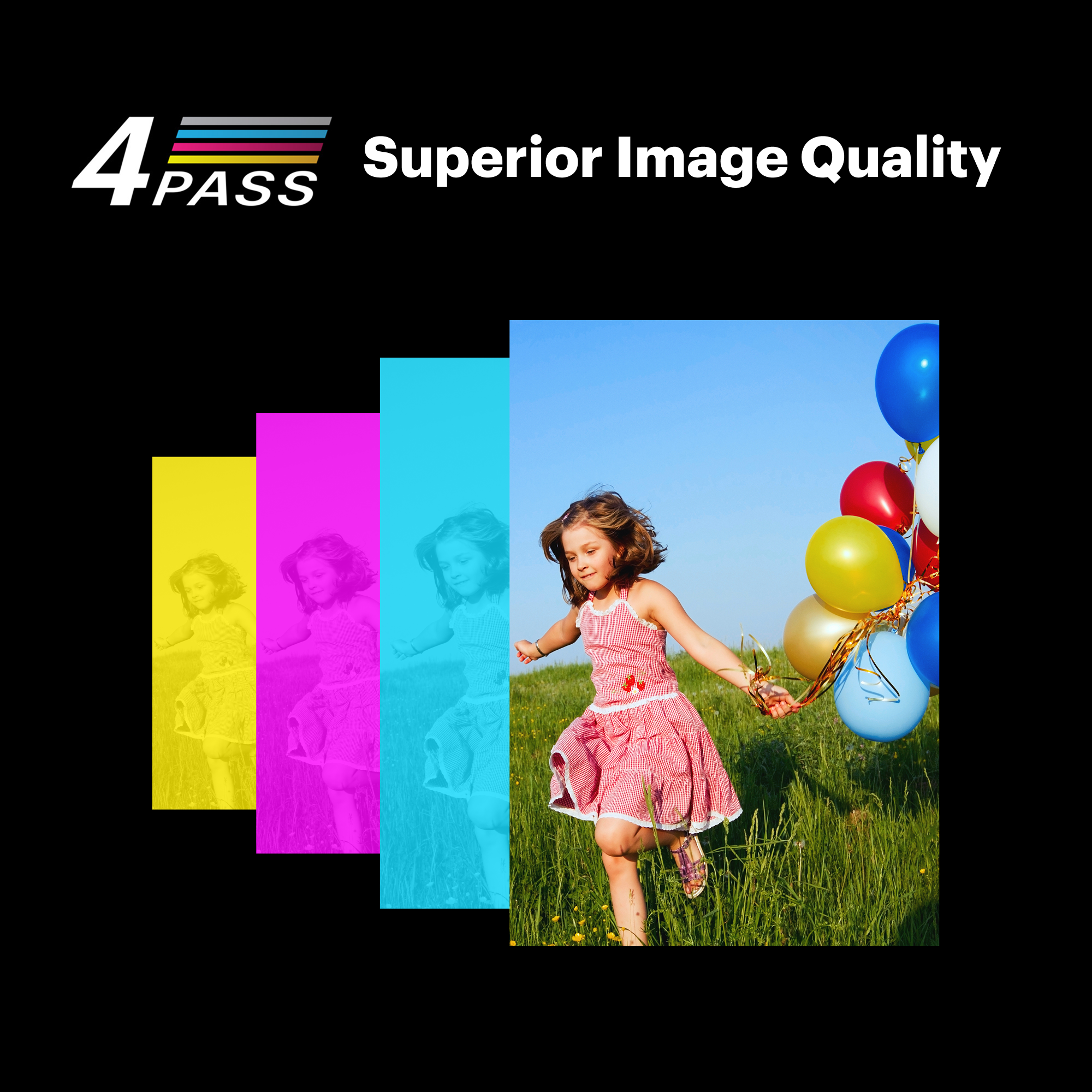 Dziewczynka biegnie po polu, trzymając balony. Za nią trzy paski kolorów i napis 'Superior Image Quality'.