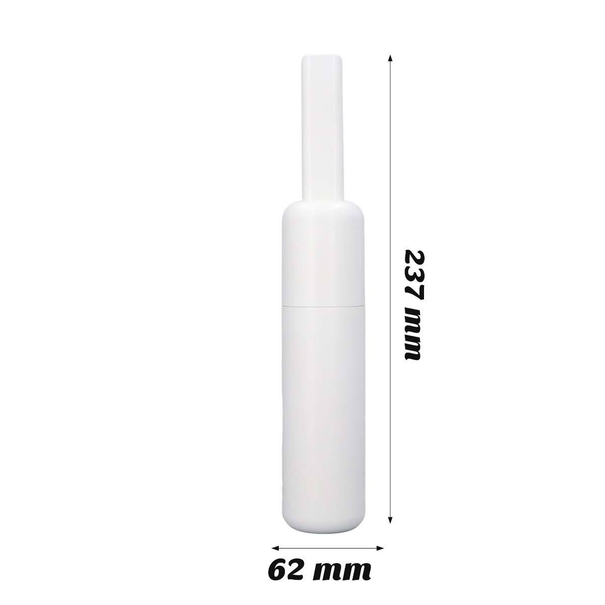 Ein weißes, zylindrisches Objekt mit rechteckiger Oberseite. Abmessungen: 237 mm hoch, 62 mm breit. Schwarzer Text zeigt die Größe.