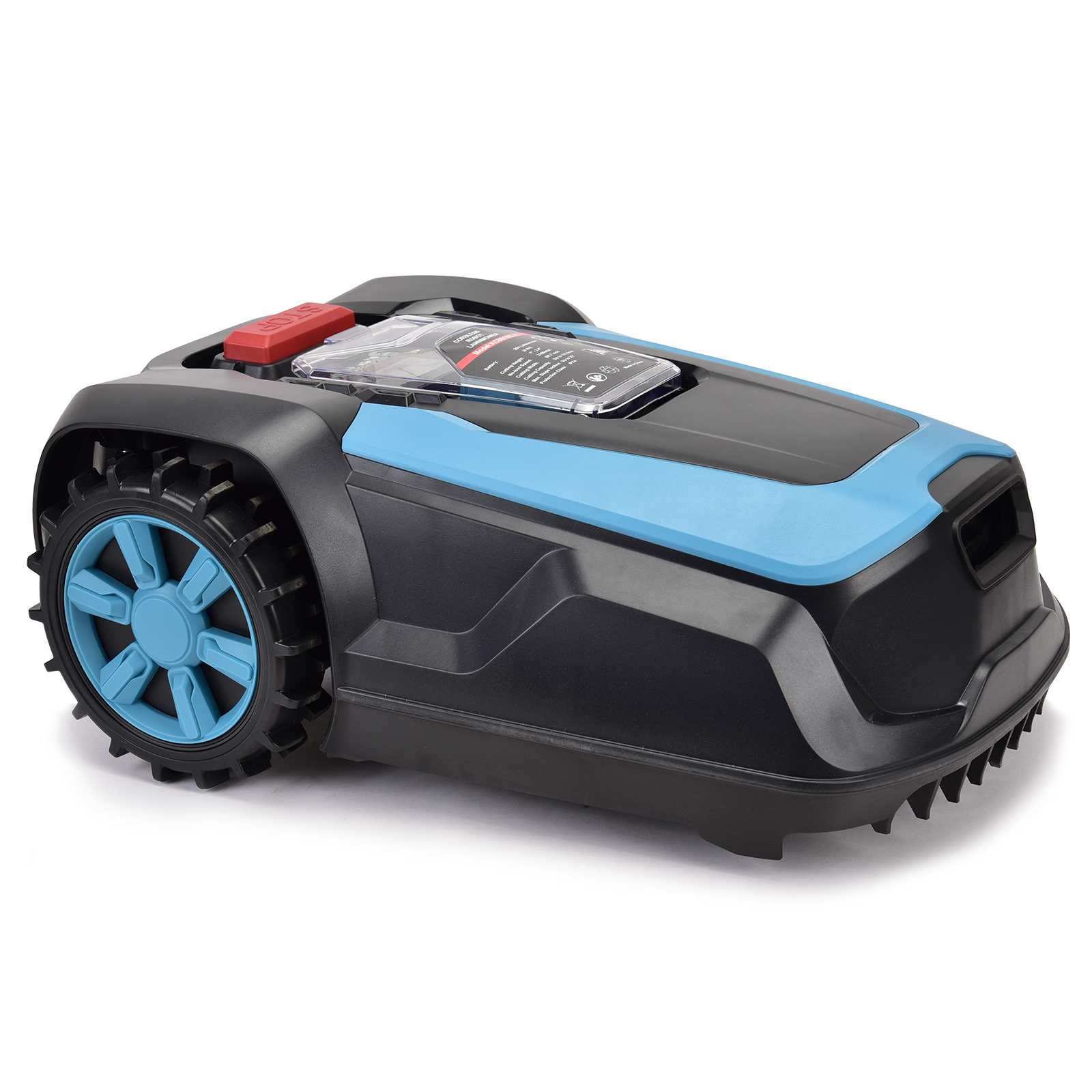 Ein Roboter-Rasenmäher mit blauen Rädern, einem roten Stoppknopf und einem schwarz-blauen Gehäuse auf weißem Hintergrund.