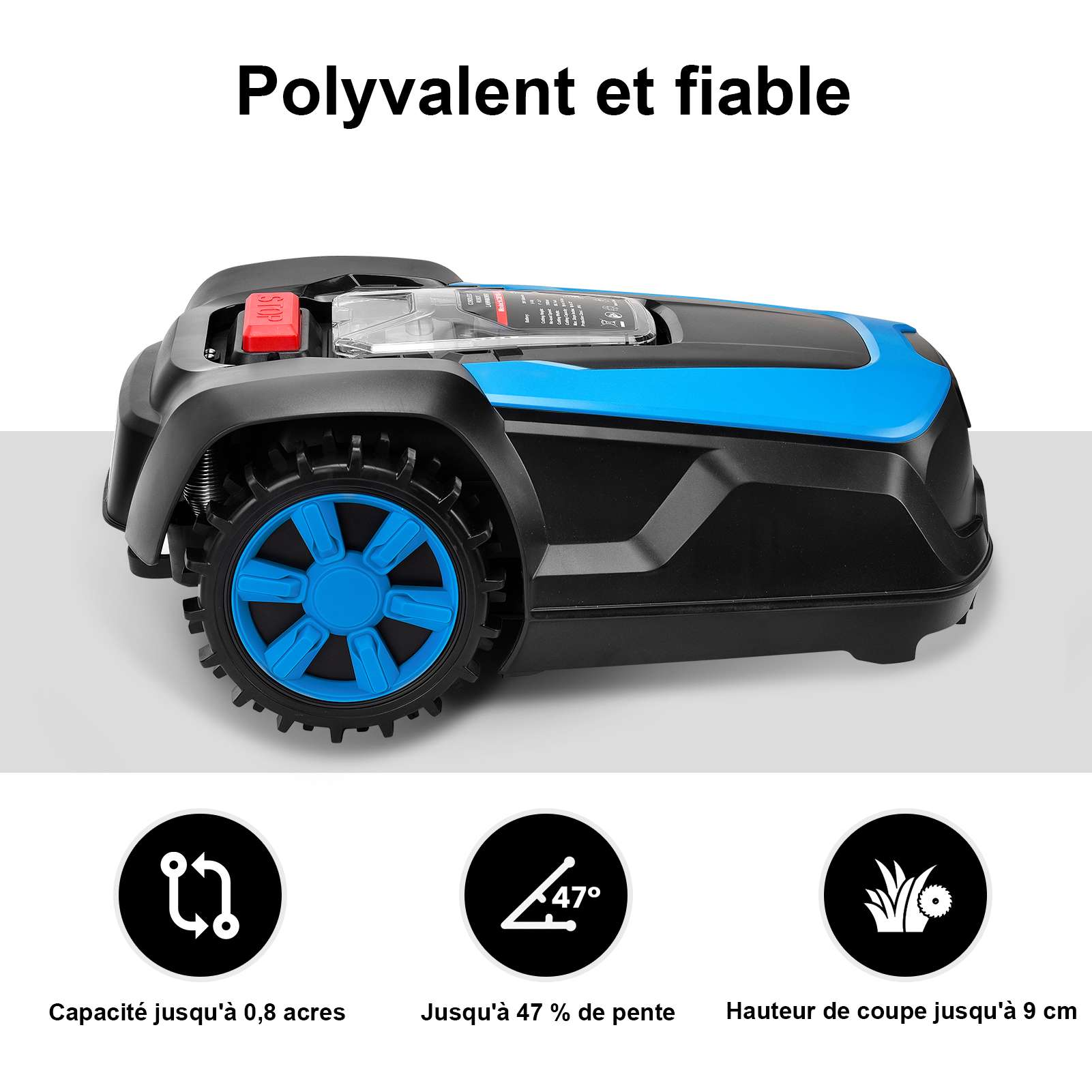 Ein schwarzer und blauer Roboter-Rasenmäher mit blauen Rädern, mit französischem Text über seine Fähigkeiten.