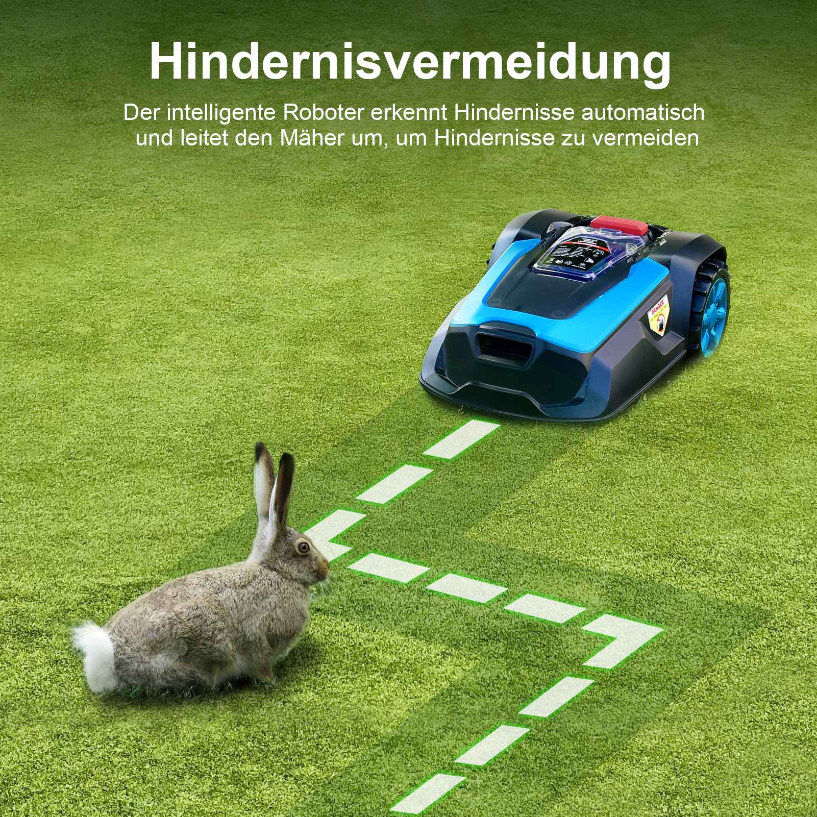 Ein Roboter-Rasenmäher und ein Hase auf grünem Gras. Der Mäher umgeht den Hasen. Weiße gestrichelte Linie.