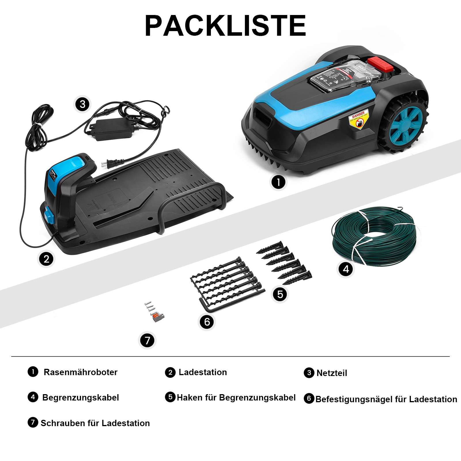 Eine Produktliste mit einem Rasenmähroboter, einer Ladestation, einem Netzteil, einem Begrenzungsdraht, Haken, Nägeln und Schrauben.