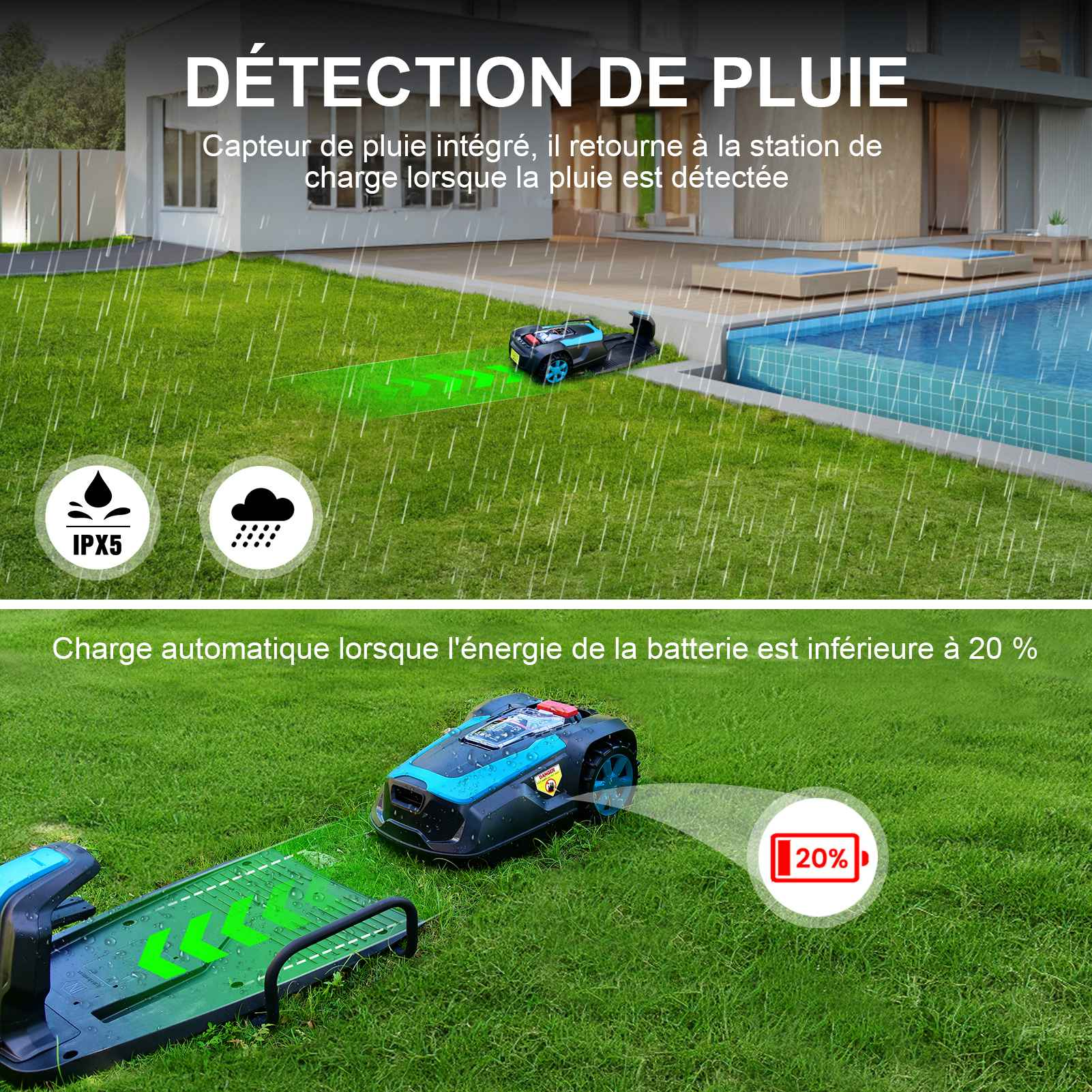 Ein Rasenmäher auf grünem Gras mit Regen. Text über Regen- und Niedrigbatterie-Laden ist sichtbar.