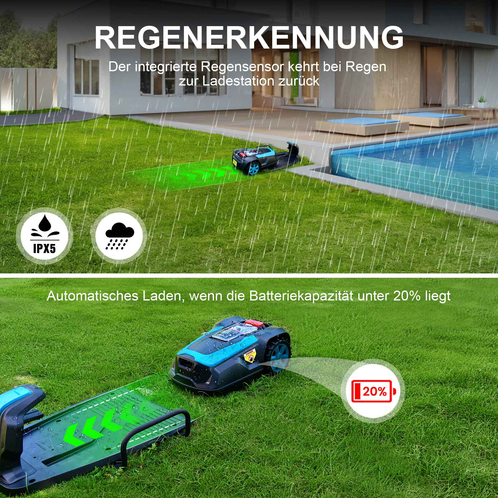 Ein Roboter-Rasenmäher auf grünem Gras, Regen fällt. Er hat eine Ladestation und eine 20 % Akkuanzeige.