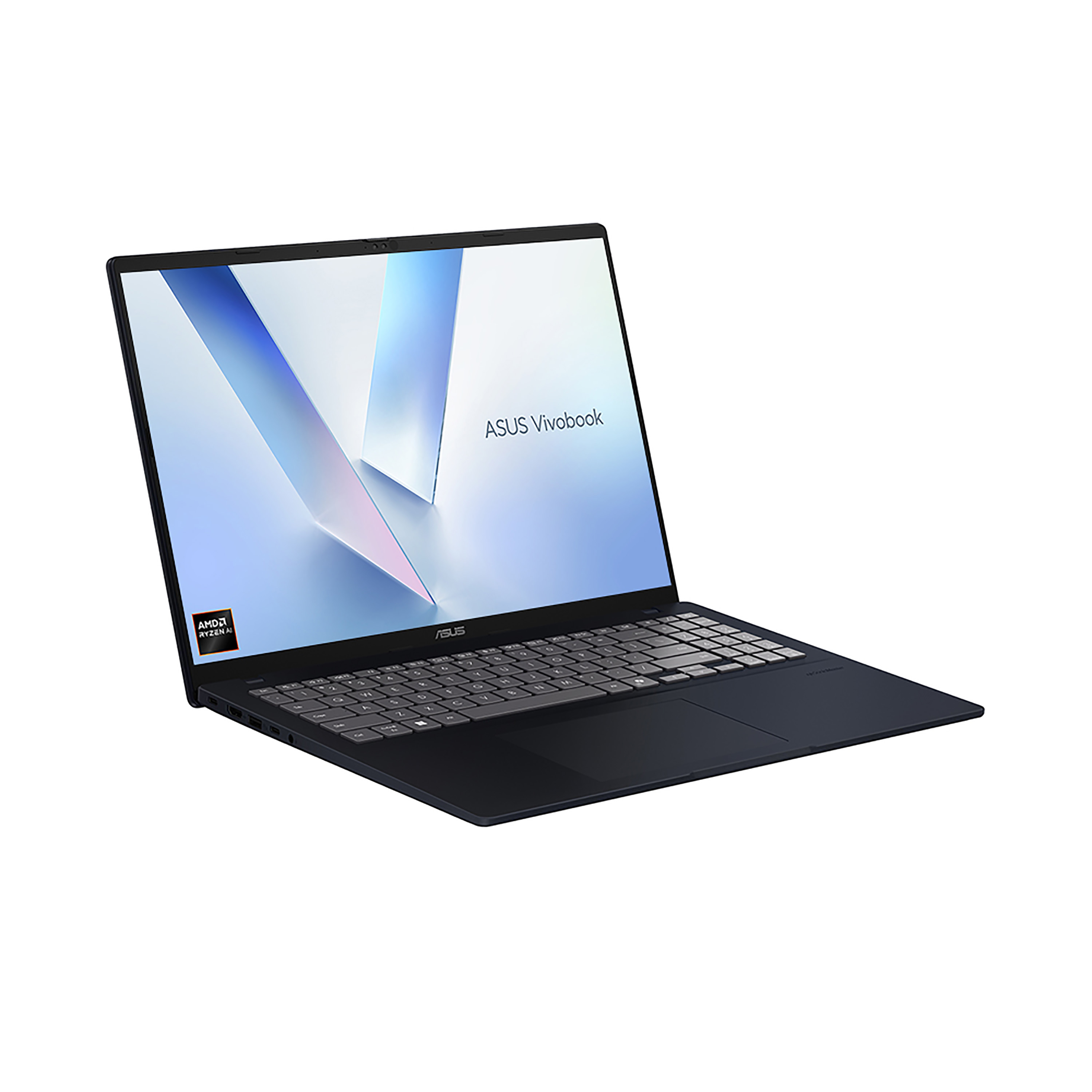 Un laptop ASUS Vivobook blu scuro è aperto su una superficie bianca. Lo schermo mostra un design, la tastiera è visibile.